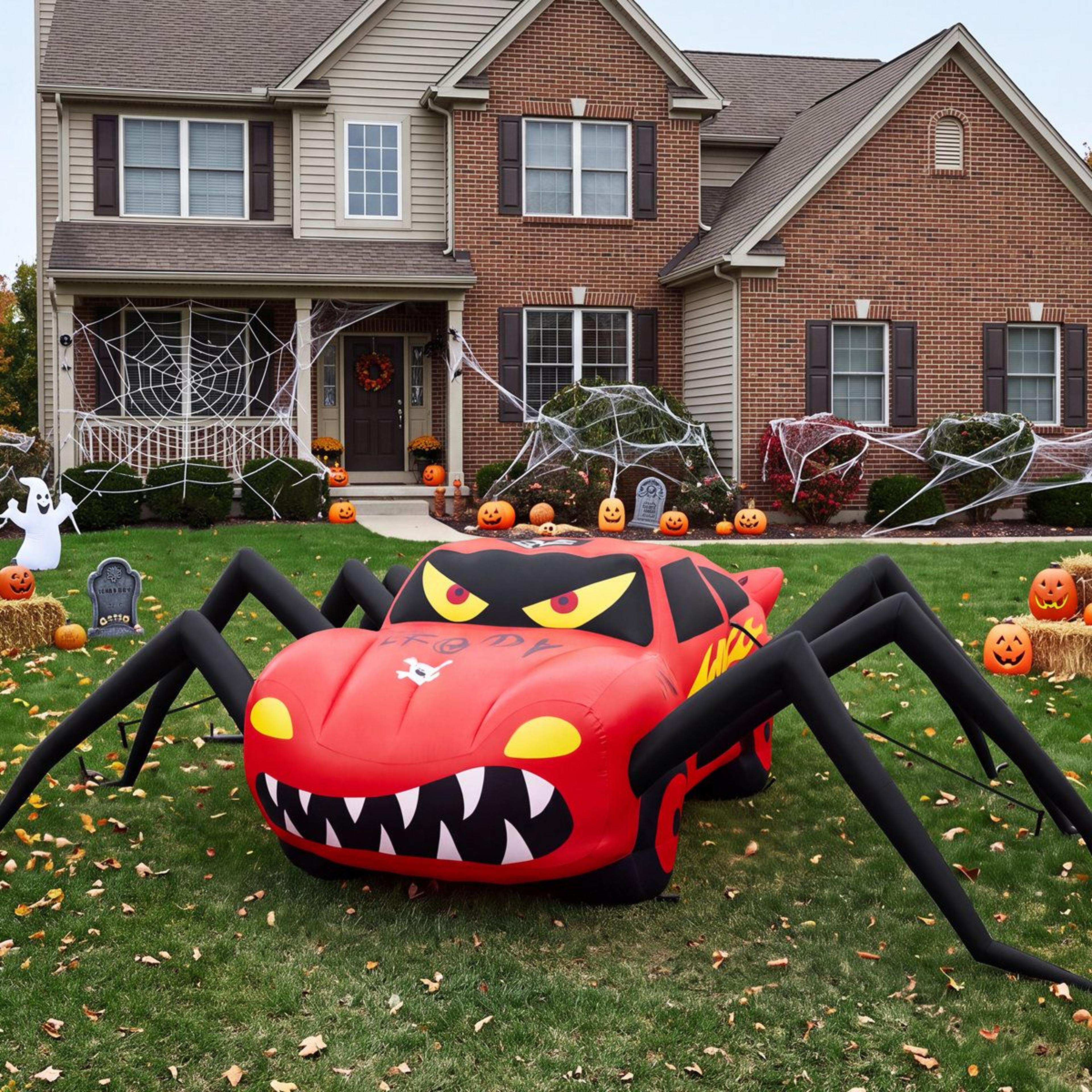 outdoor halloween inflatable spider race car decoration with red led lights