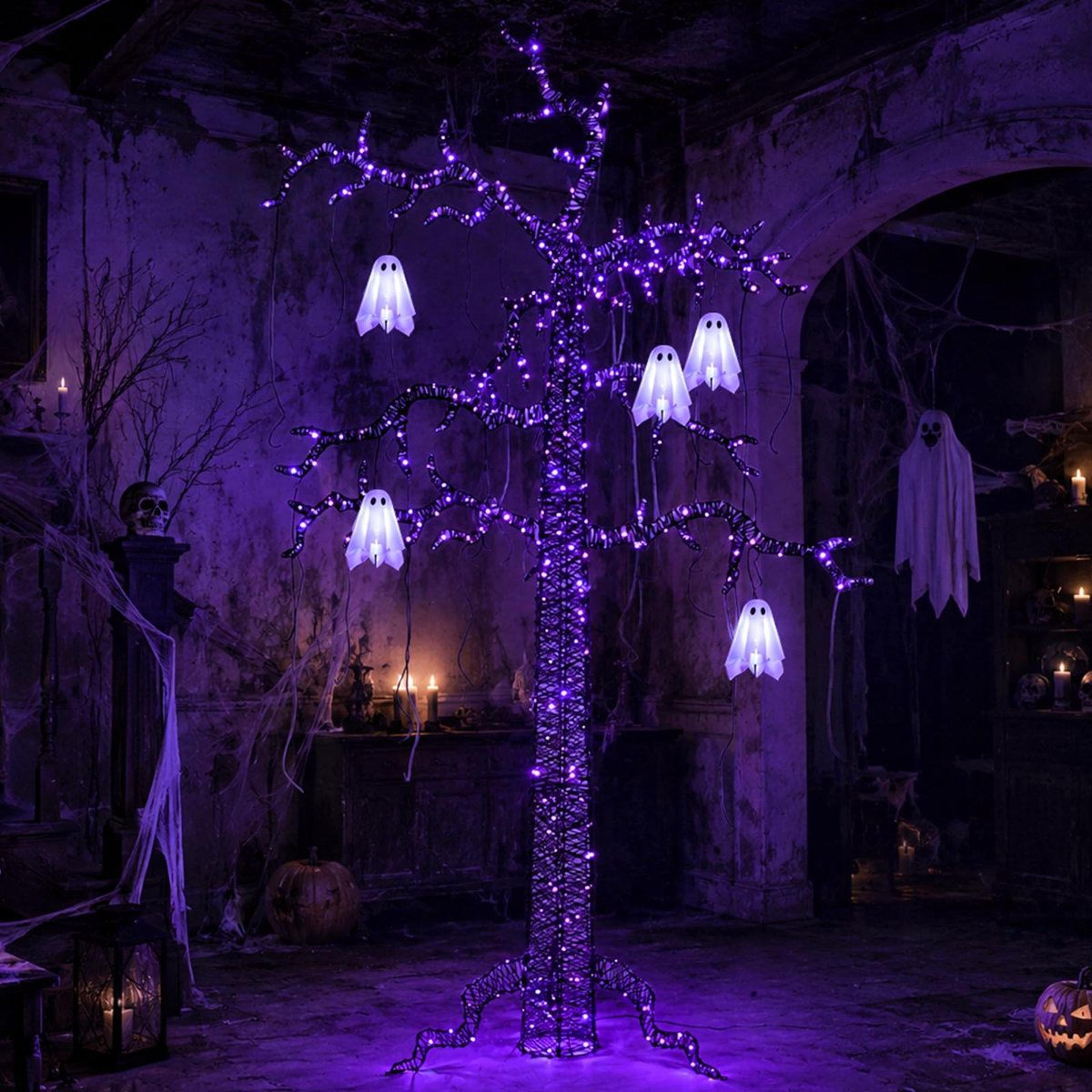 Lighted Black Halloween Tree With Ghost And Purple LED Lights 3