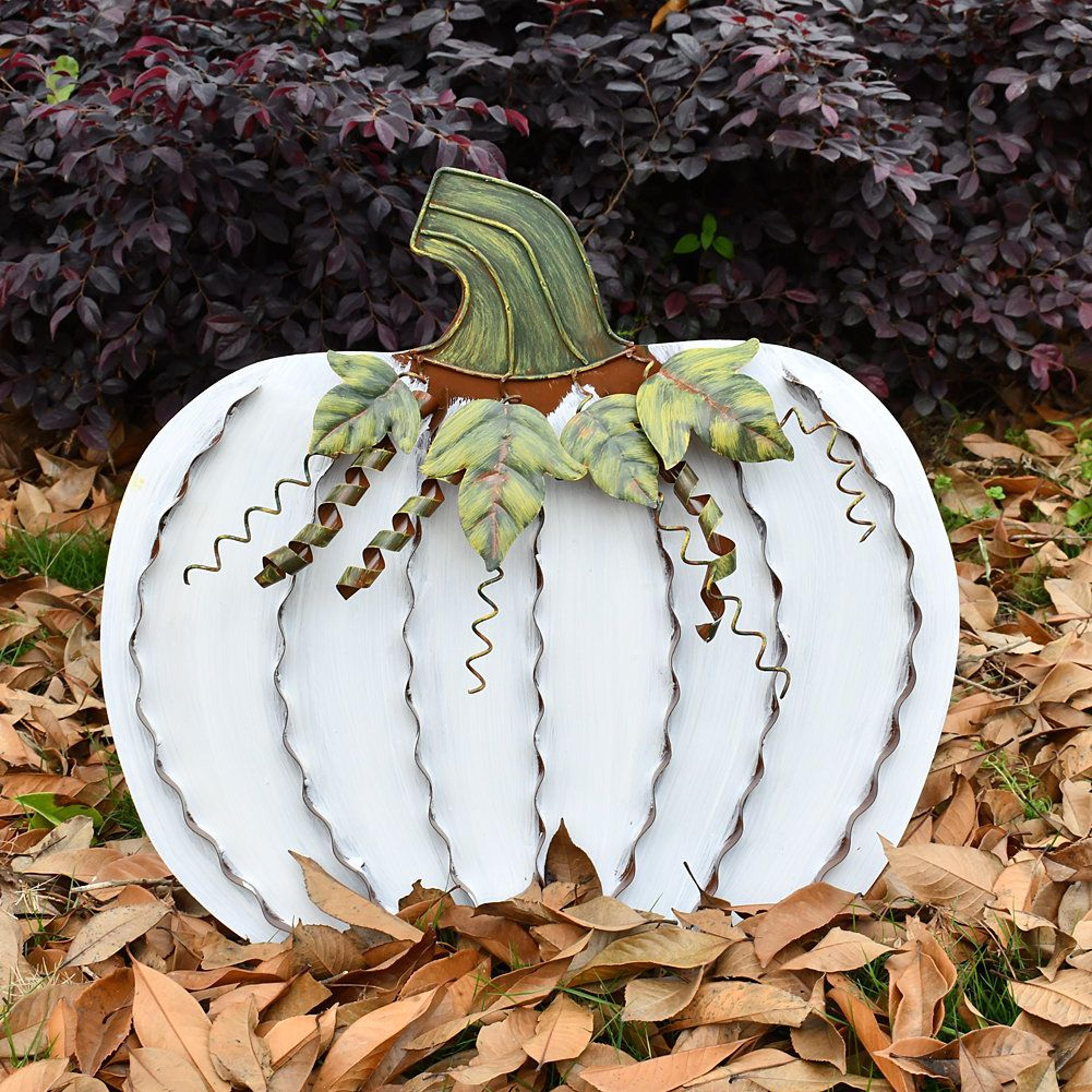 freestanding thanksgiving pumpkin metal outdoor decoration in white and green