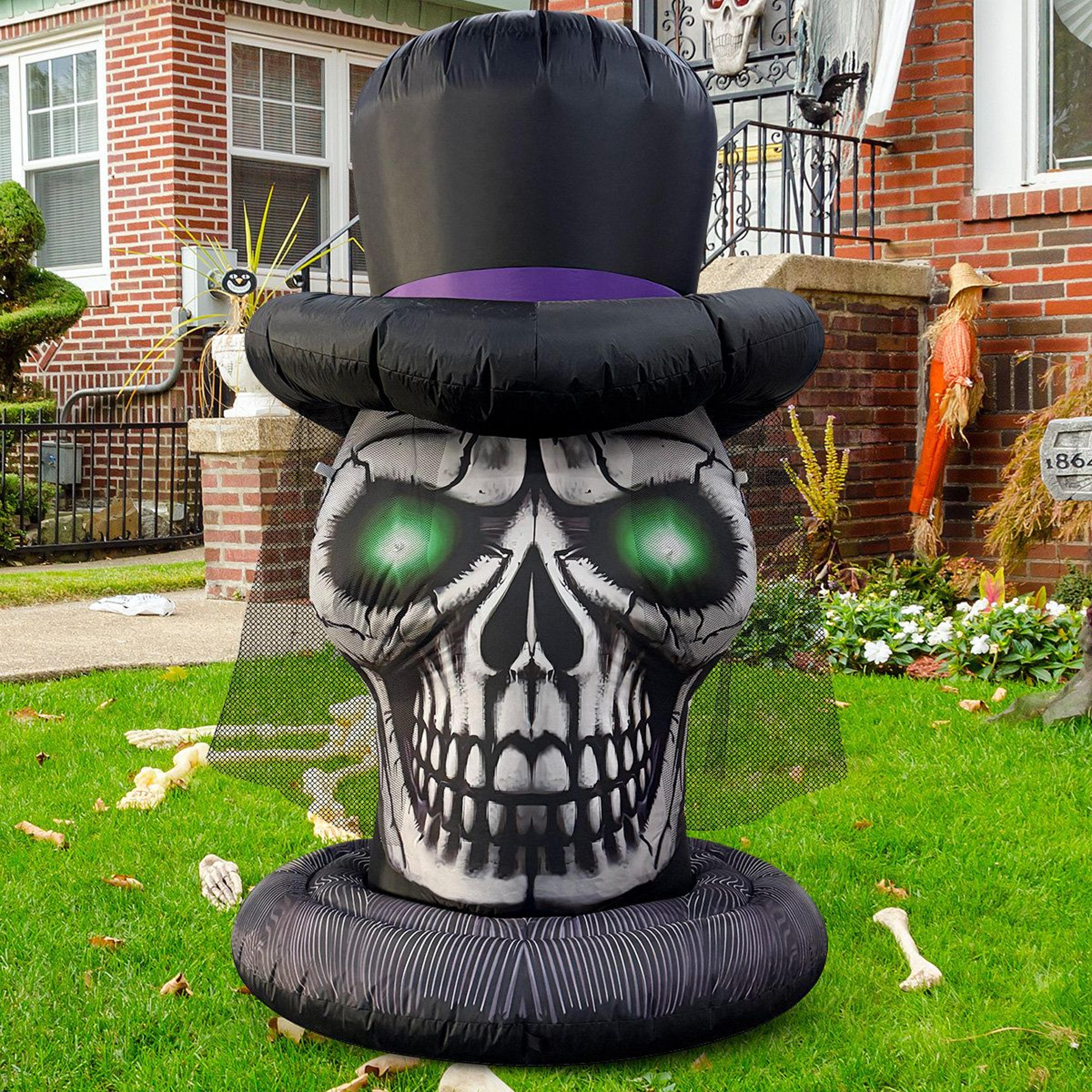 Halloween Inflatable Skeleton Head With LED Lights And Lace Veil Hat 2
