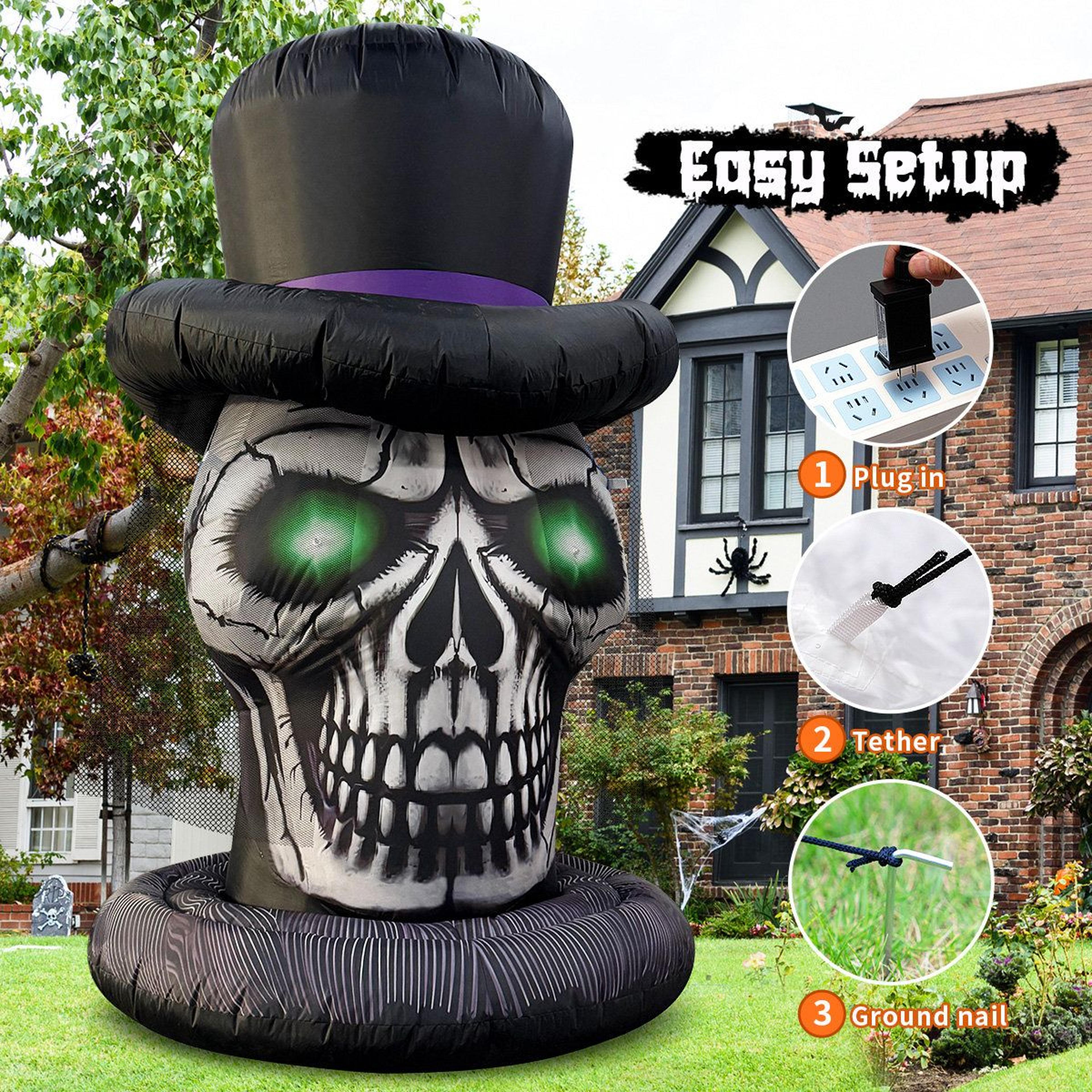 Halloween Inflatable Skeleton Head With LED Lights And Lace Veil Hat 3