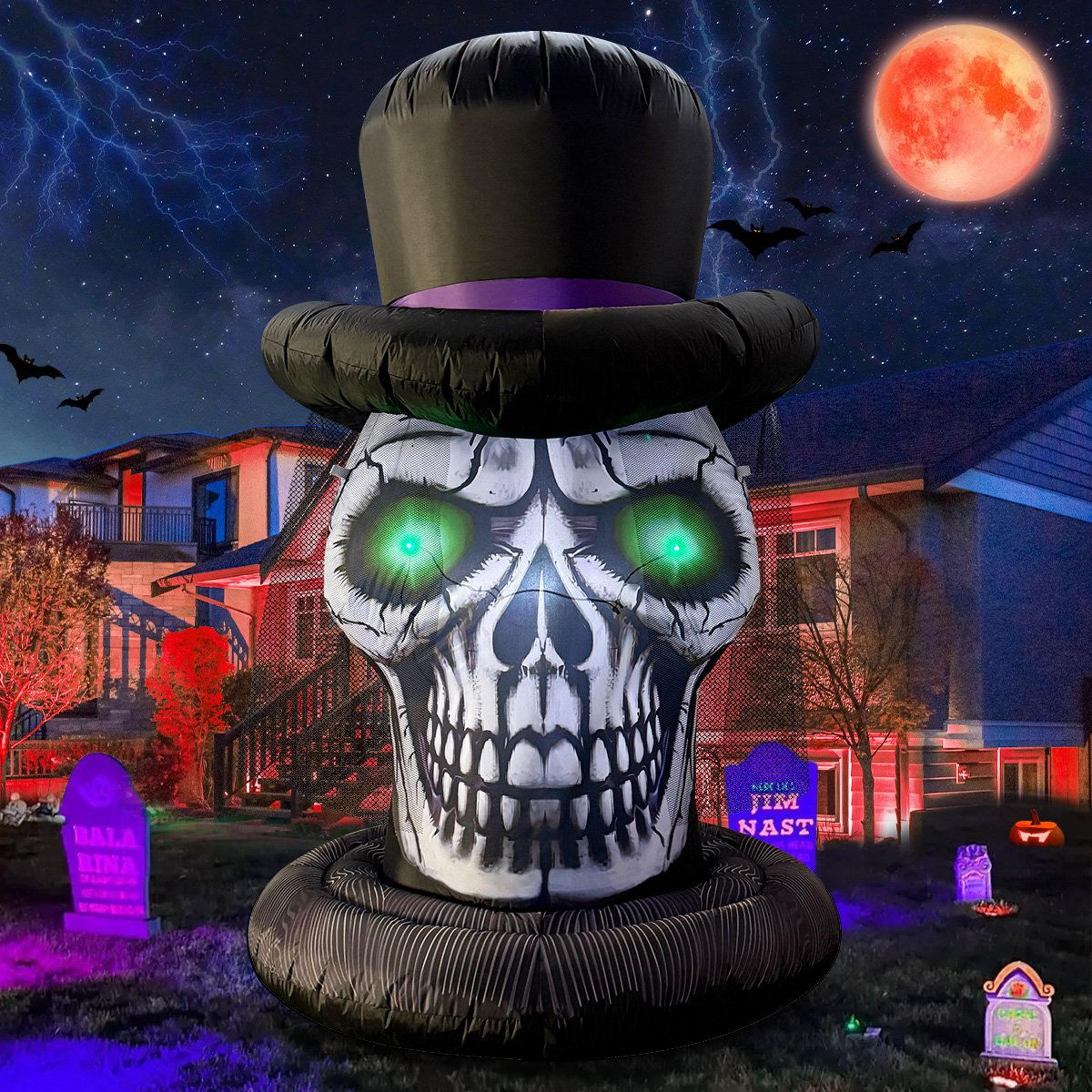 Halloween Inflatable Skeleton Head With LED Lights And Lace Veil Hat 5