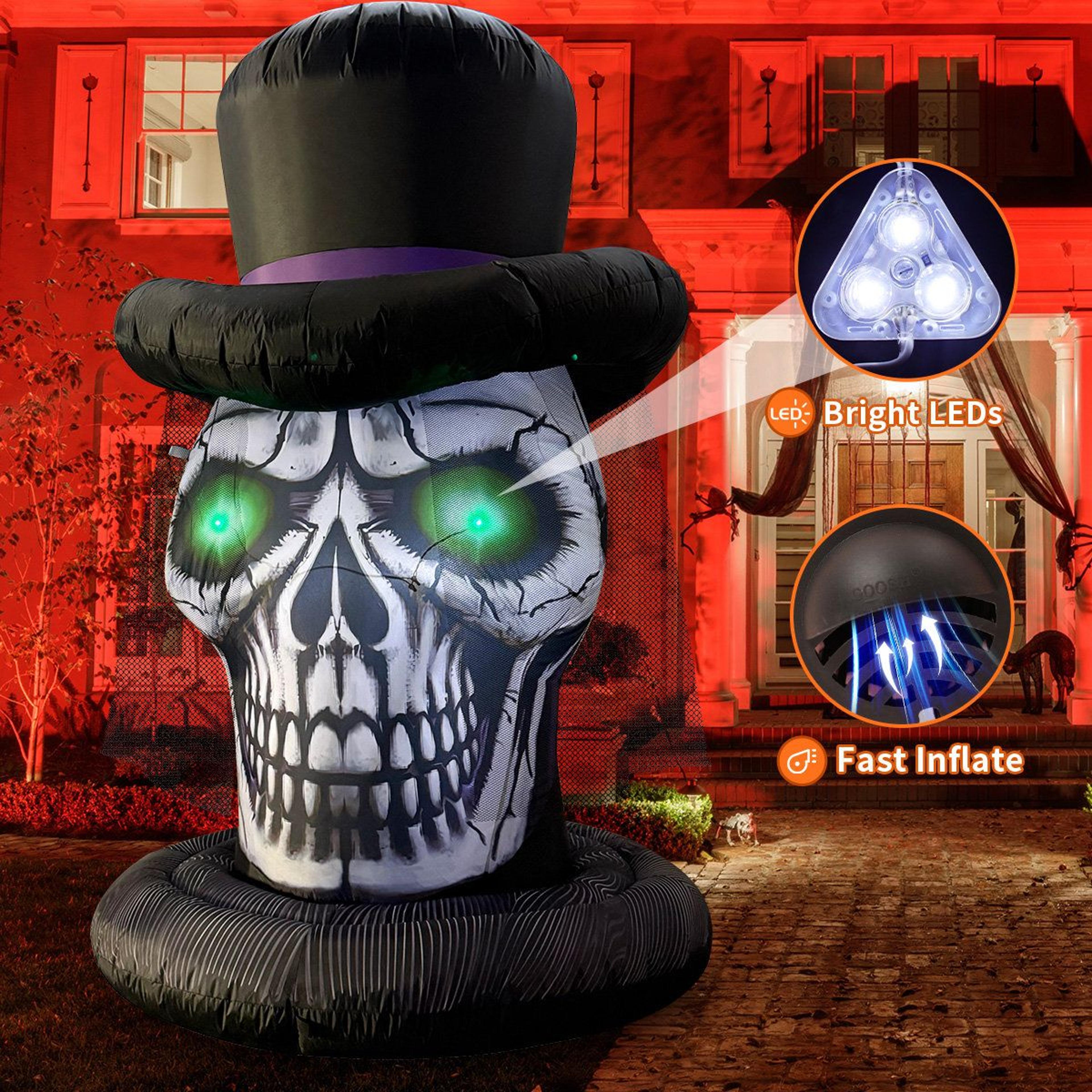 Halloween Inflatable Skeleton Head With LED Lights And Lace Veil Hat 4