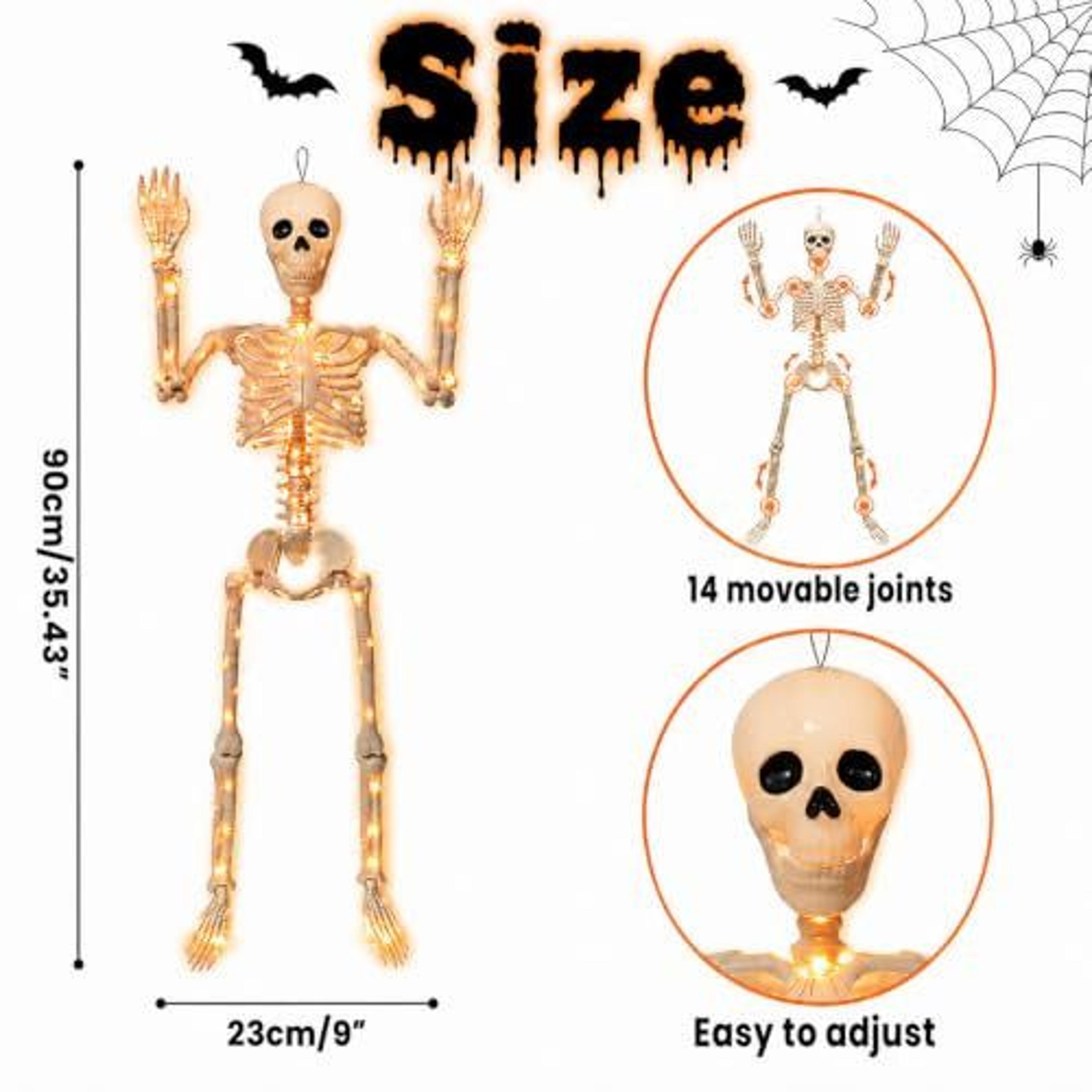 halloween skeleton decoration with purple orange blue and green lights