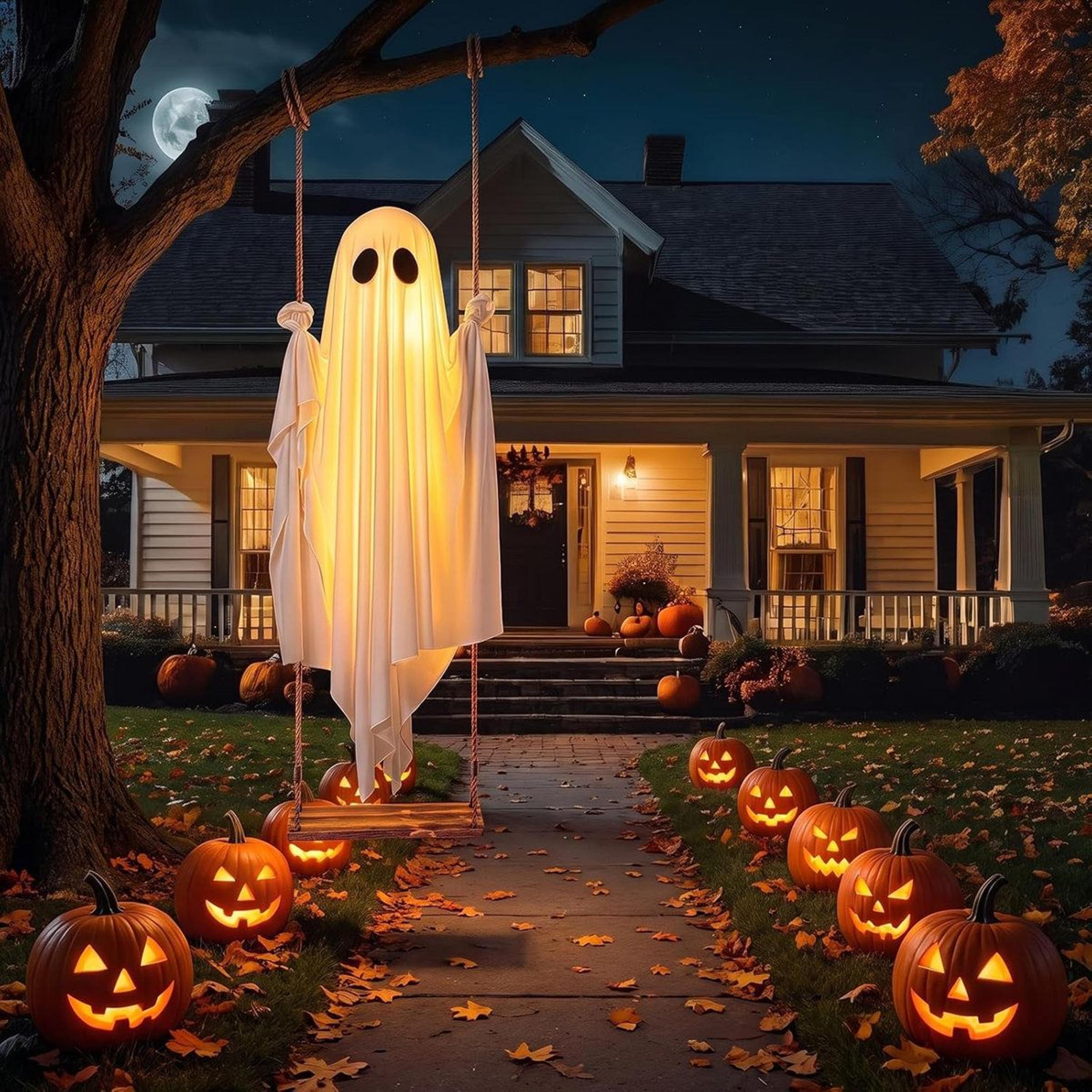 Large Hanging Swing Ghost Halloween Decoration With Battery Powered LED Lights 3