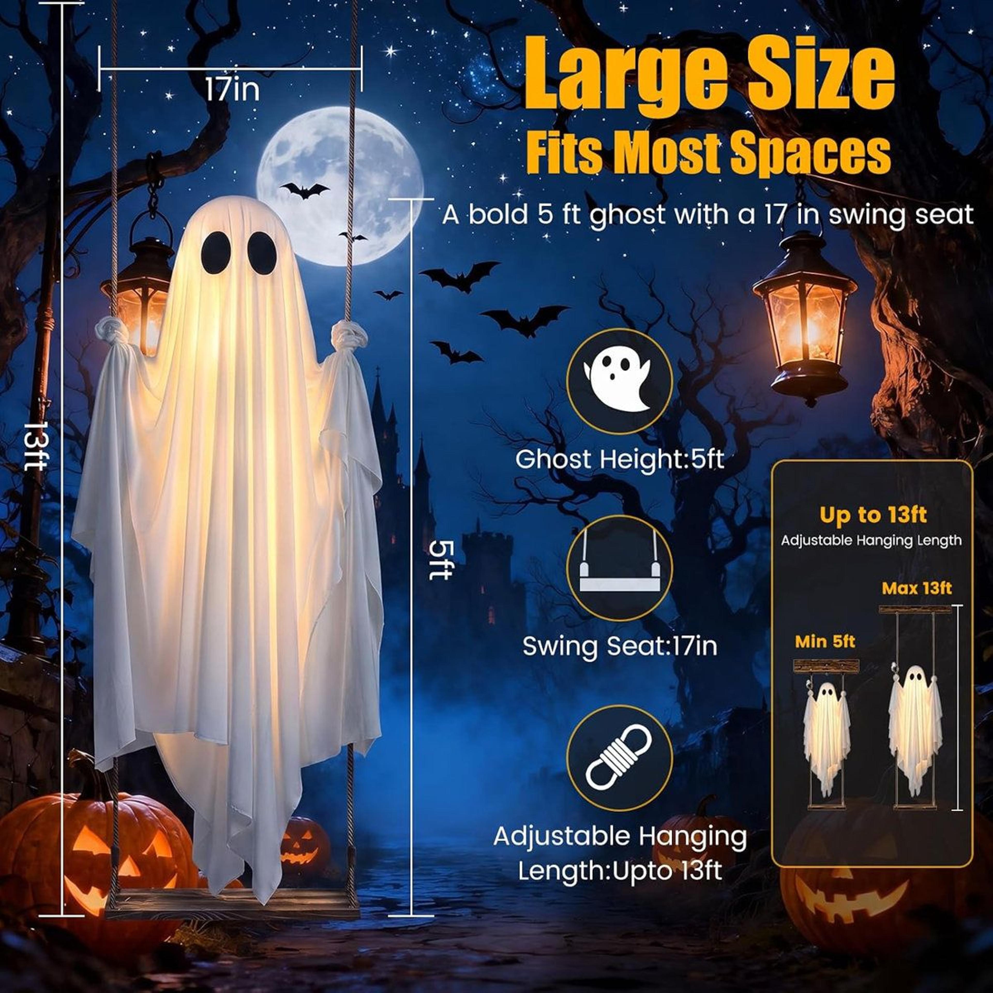 Large Hanging Swing Ghost Halloween Decoration With Battery Powered LED Lights 1