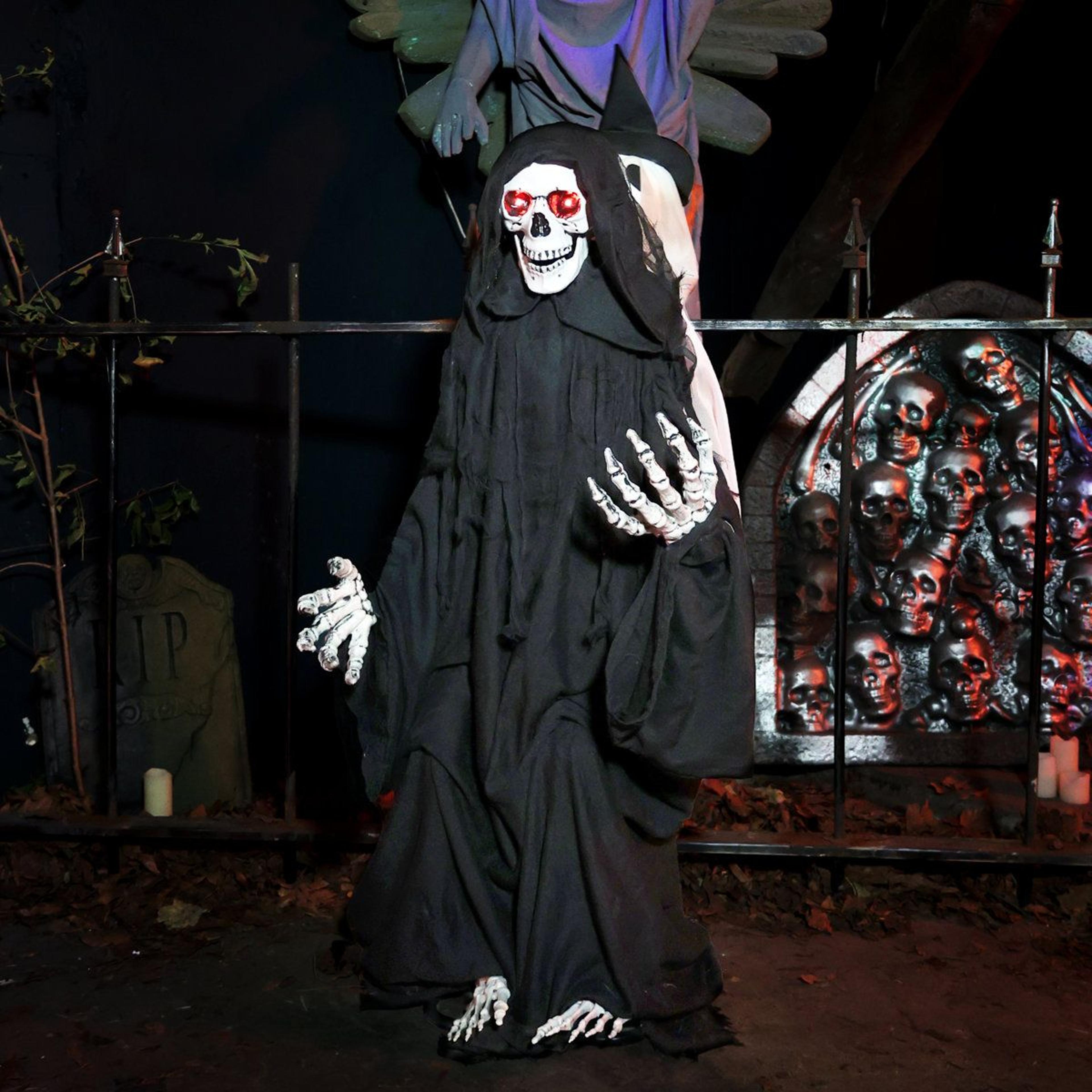 Sitting Reaper Halloween Animatronic With Moving Head And Red LED Eyes 4