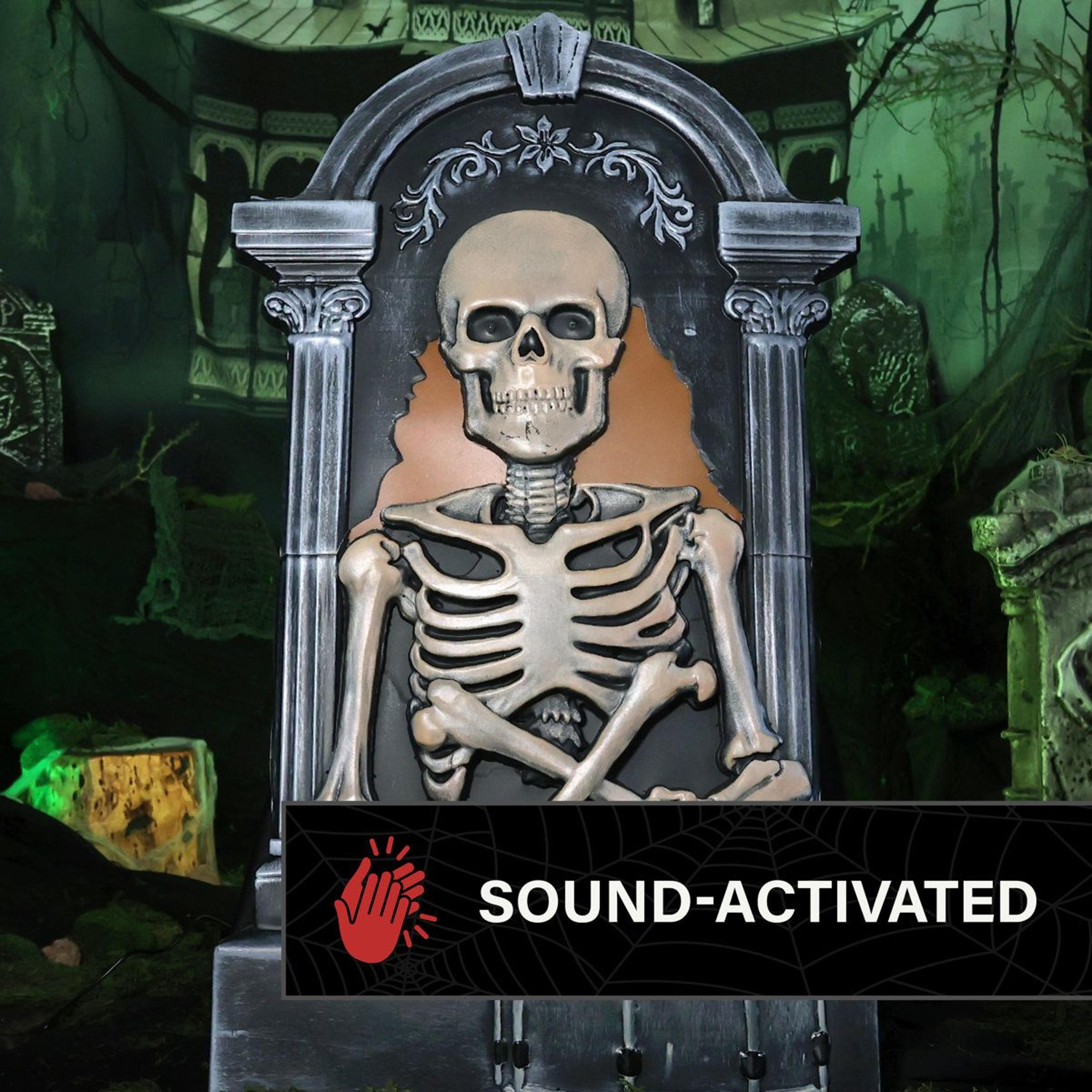 Halloween Tombstone Skeleton Animatronic With Drum Red LED Eyes And Sound 4
