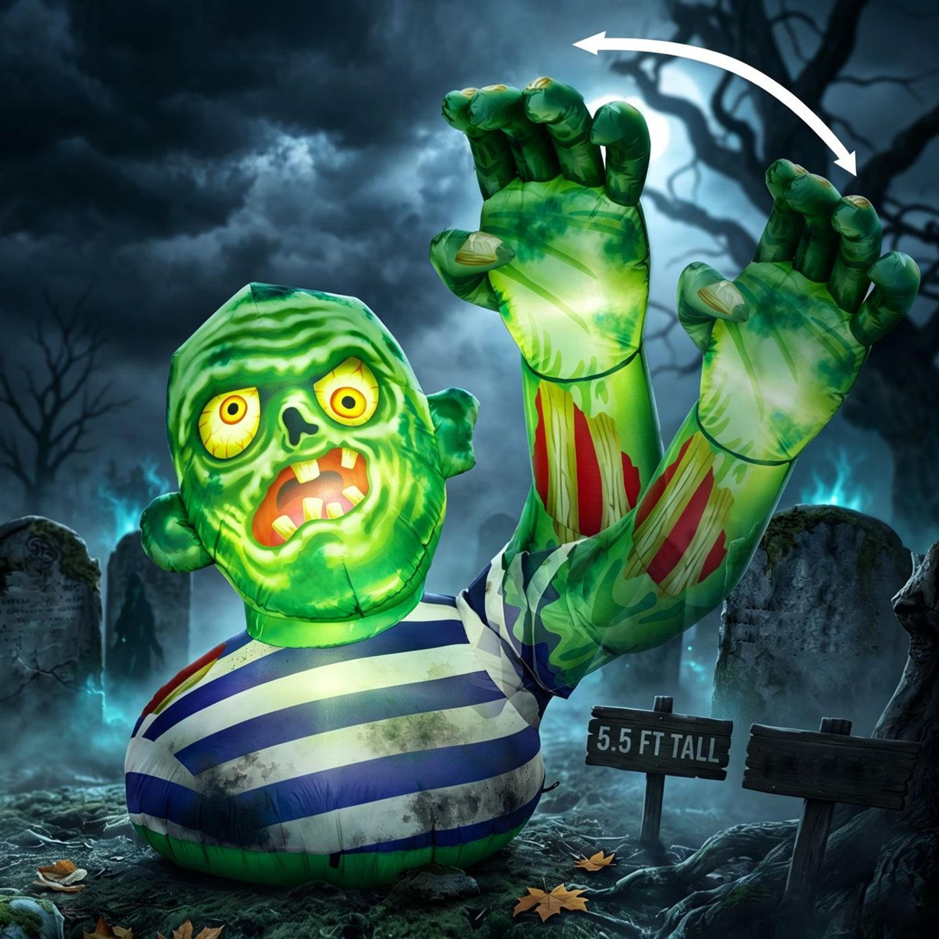 zombie halloween inflatable decoration with raised hand and light