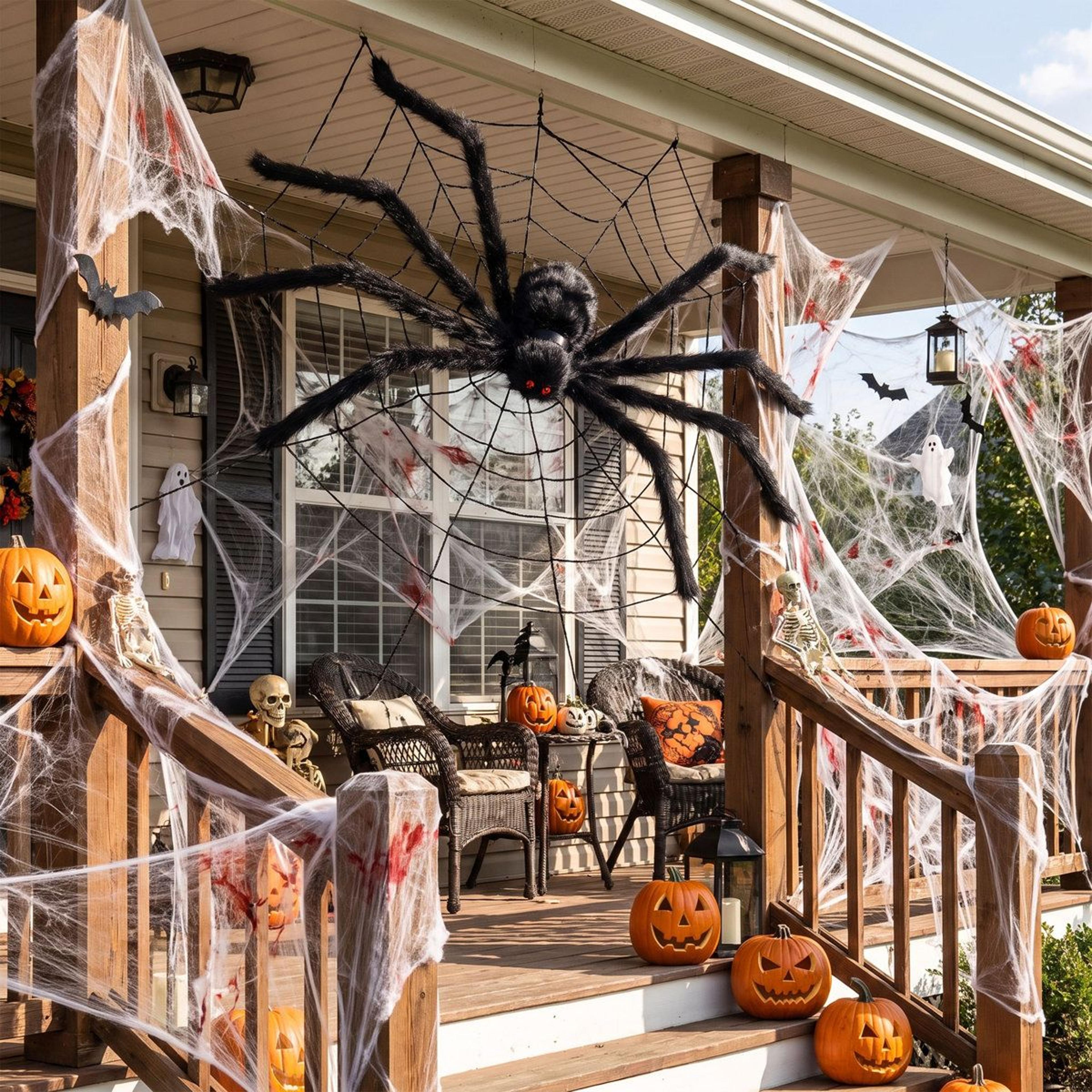 Giant Furry Halloween Spider With Web Set For Indoor And Outdoor Decorations 6