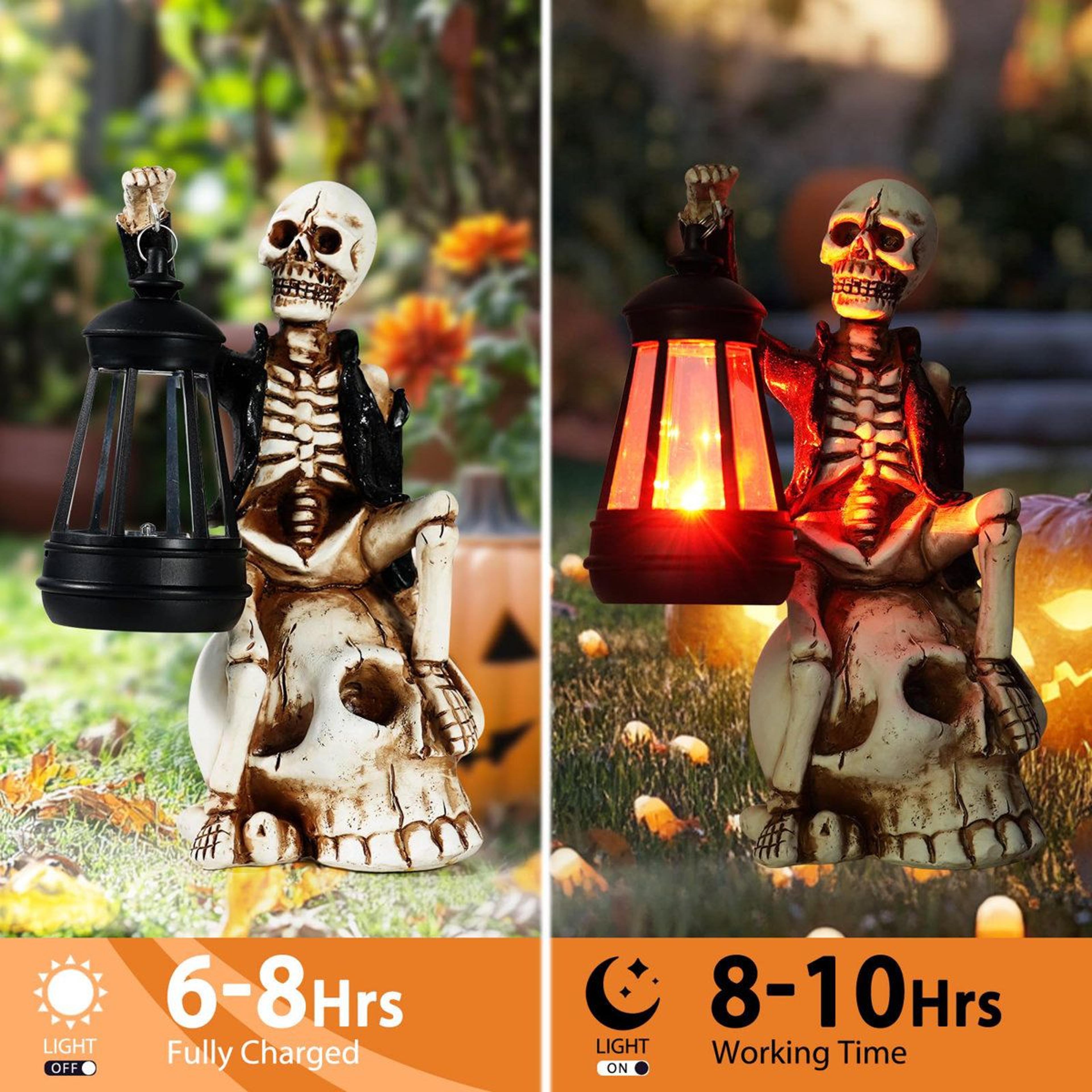 Solar Powered Halloween Skeleton Figurine With LED Lantern For Outdoor Decoration 1