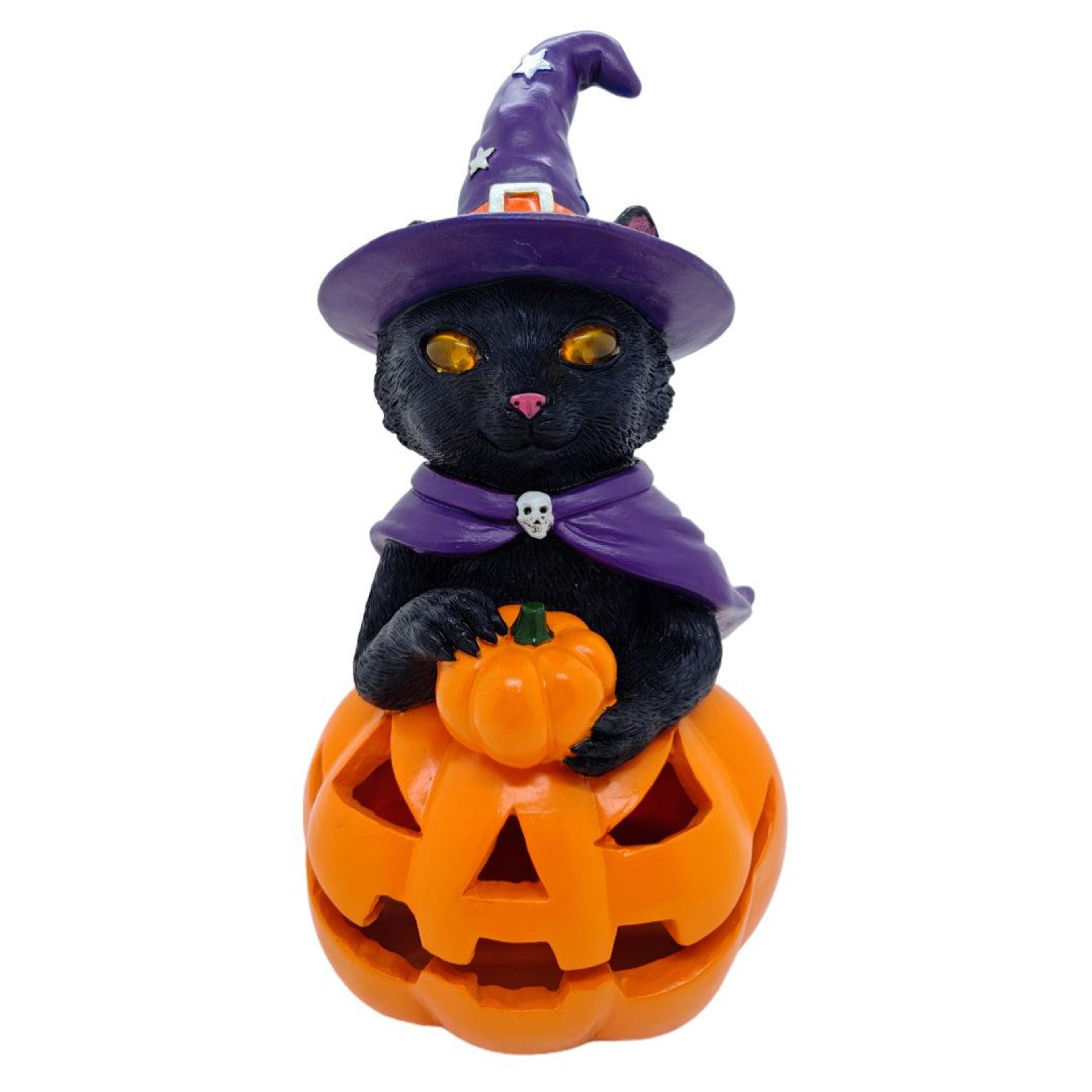 halloween black cat pumpkin resin garden statue with led light