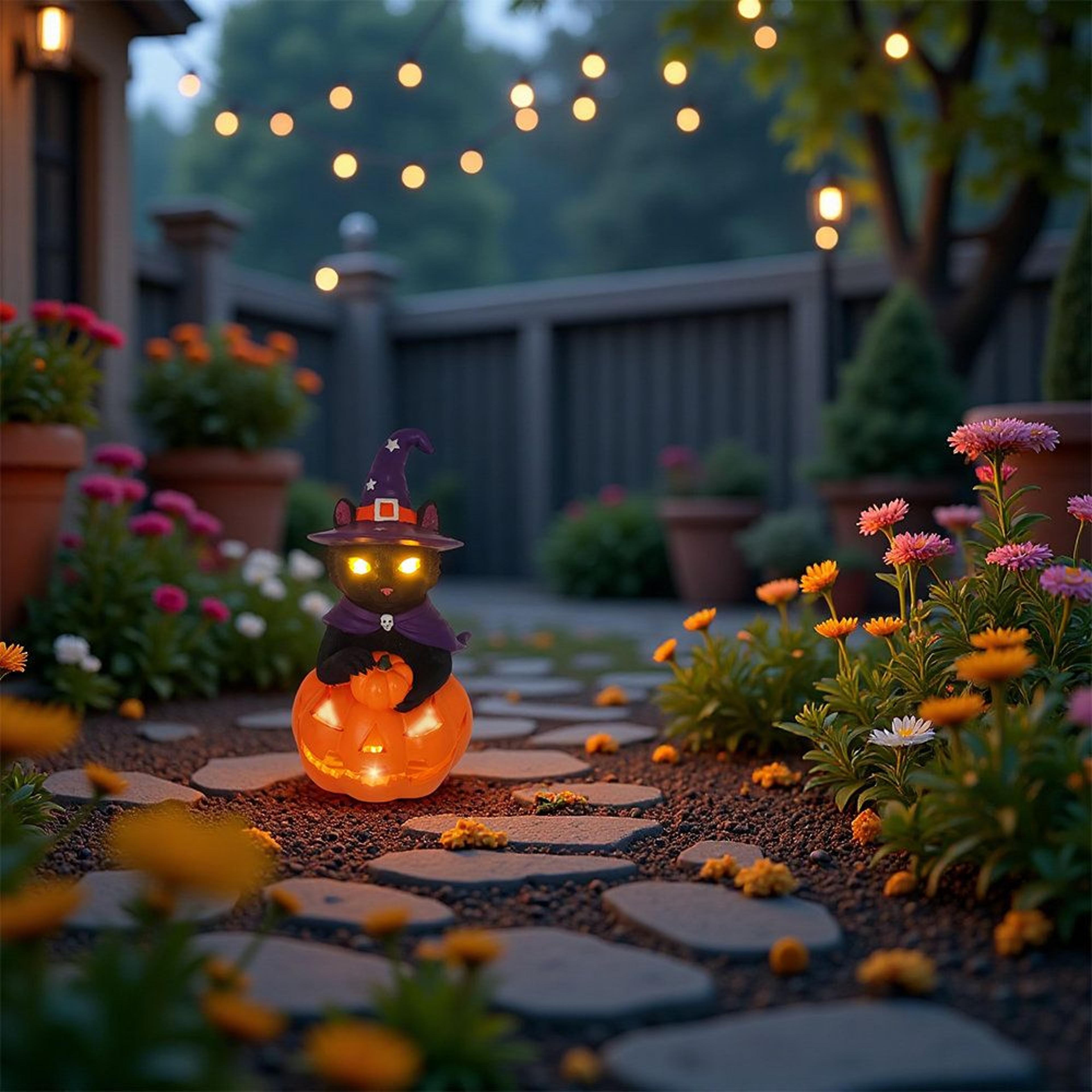 Halloween Black Cat Pumpkin Resin Garden Statue With LED Light 2