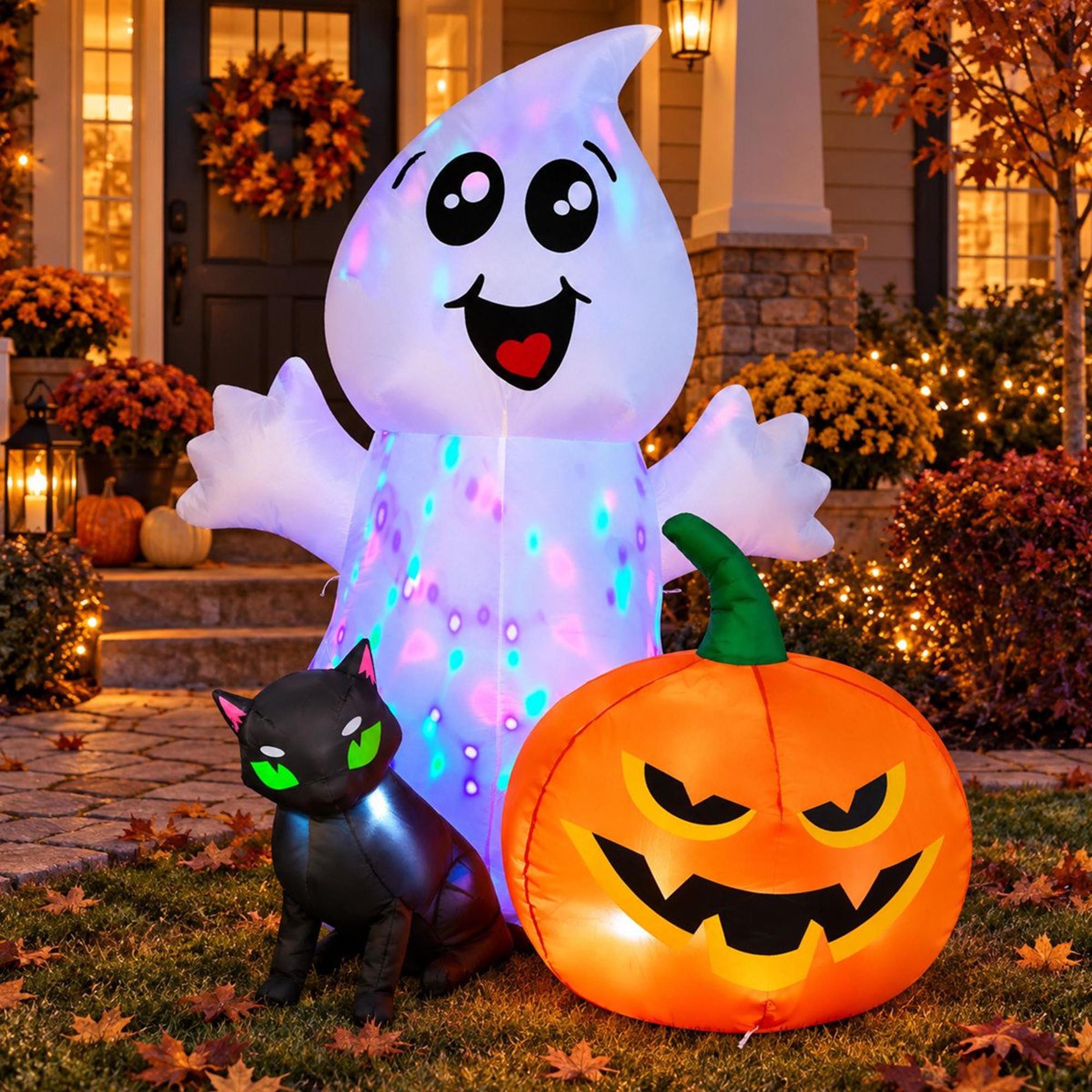 halloween inflatable ghost with black cat and pumpkin led lights