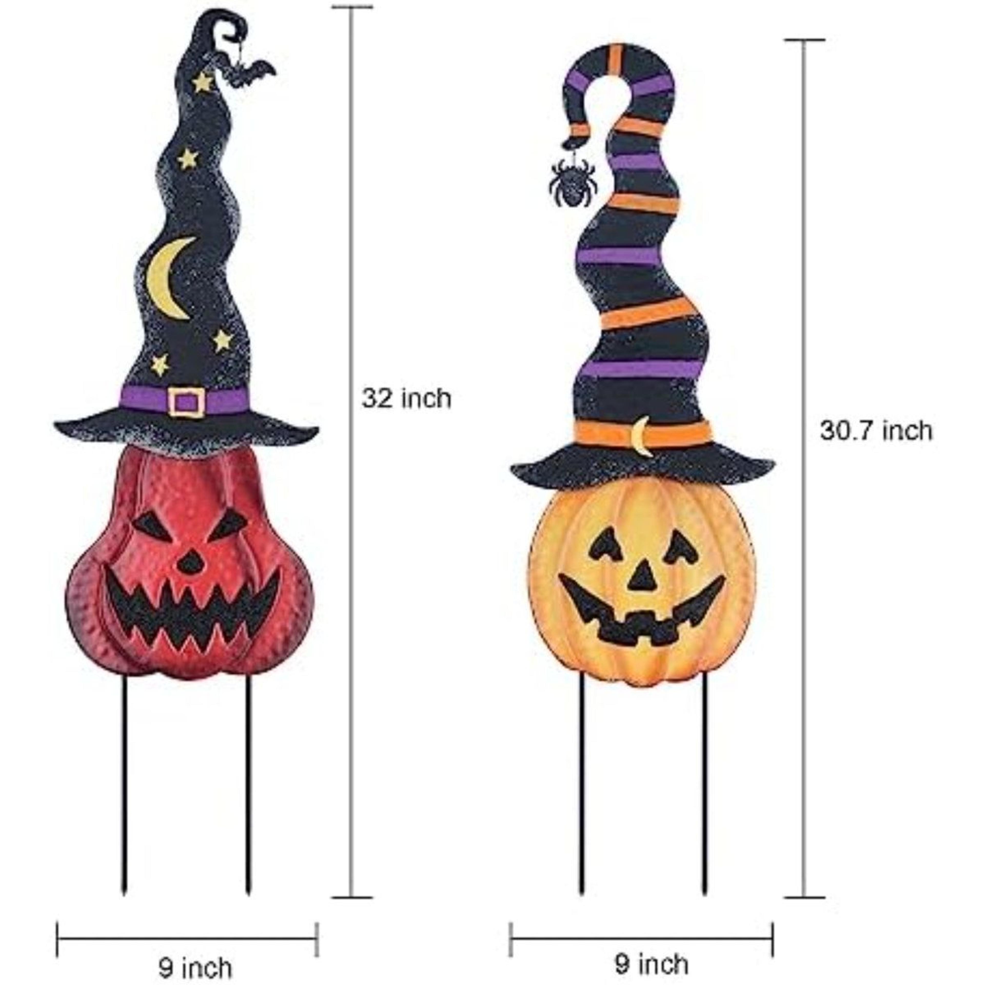 Halloween Metal Pumpkin Garden Stakes With Witch Hats 4