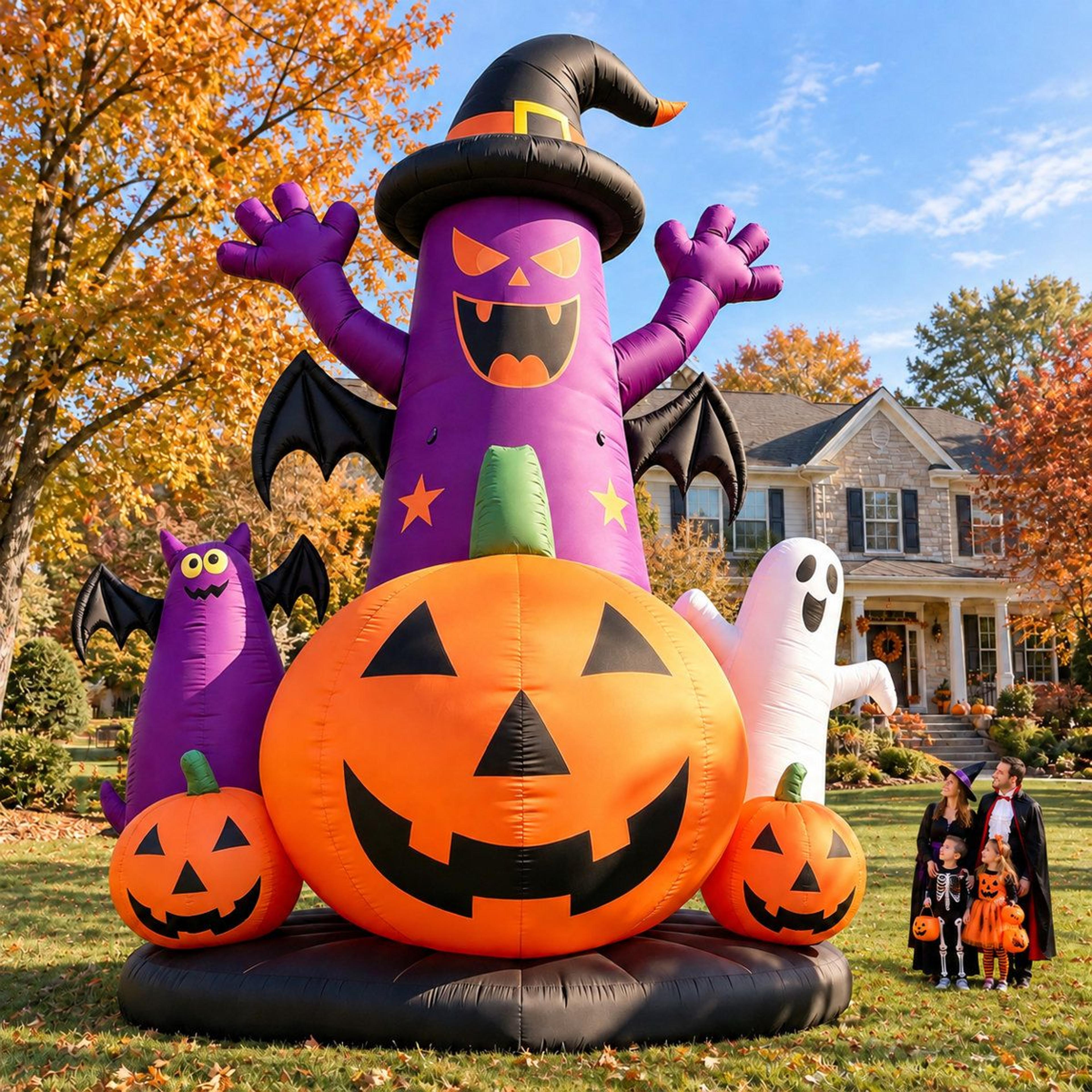 giant halloween inflatable yard decoration with ghosts and pumpkins