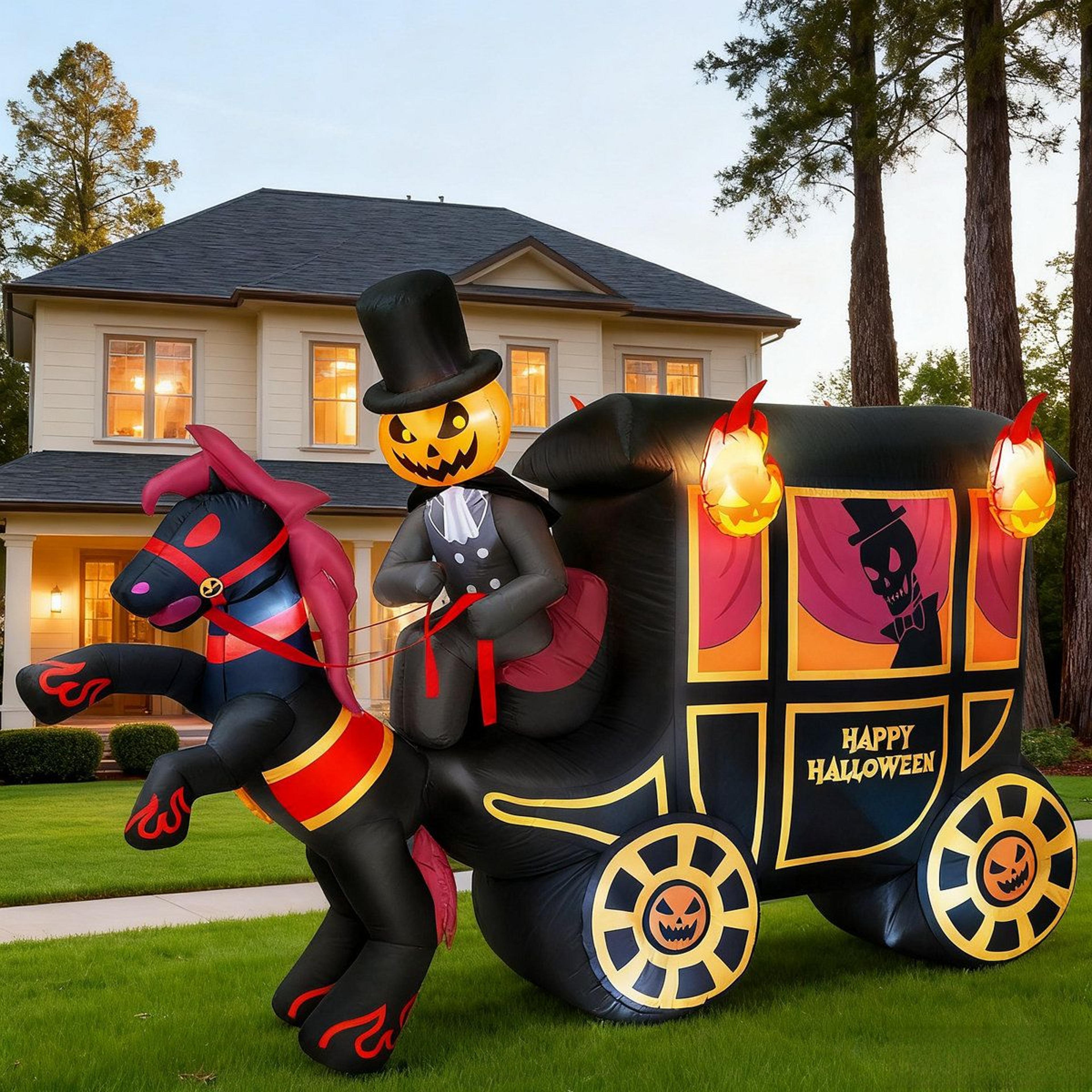 halloween inflatable pumpkin headed horse carriage with led lights for outdoor yard decor