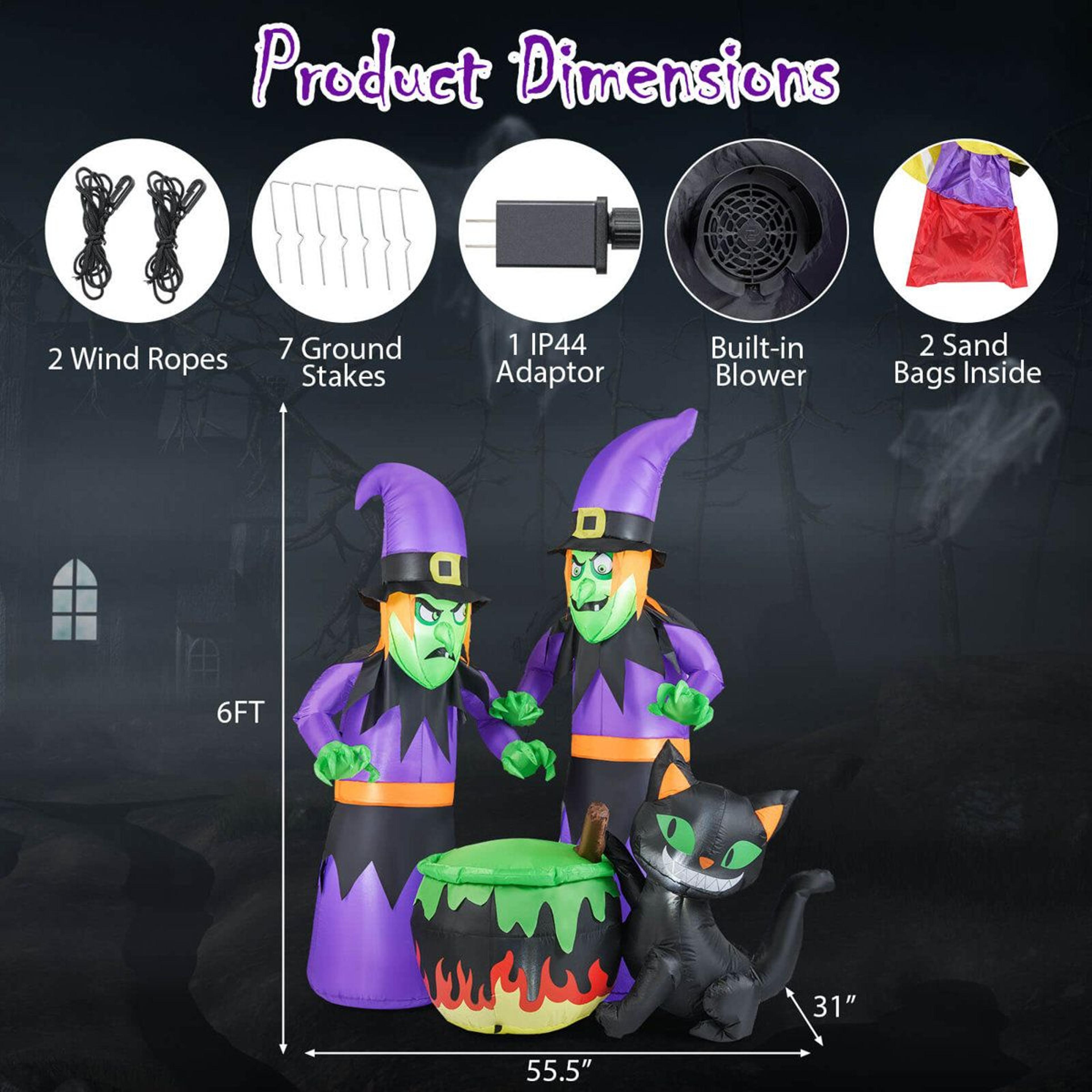 Inflatable Halloween Witches With Cauldron Black Cat And LED Lights 3