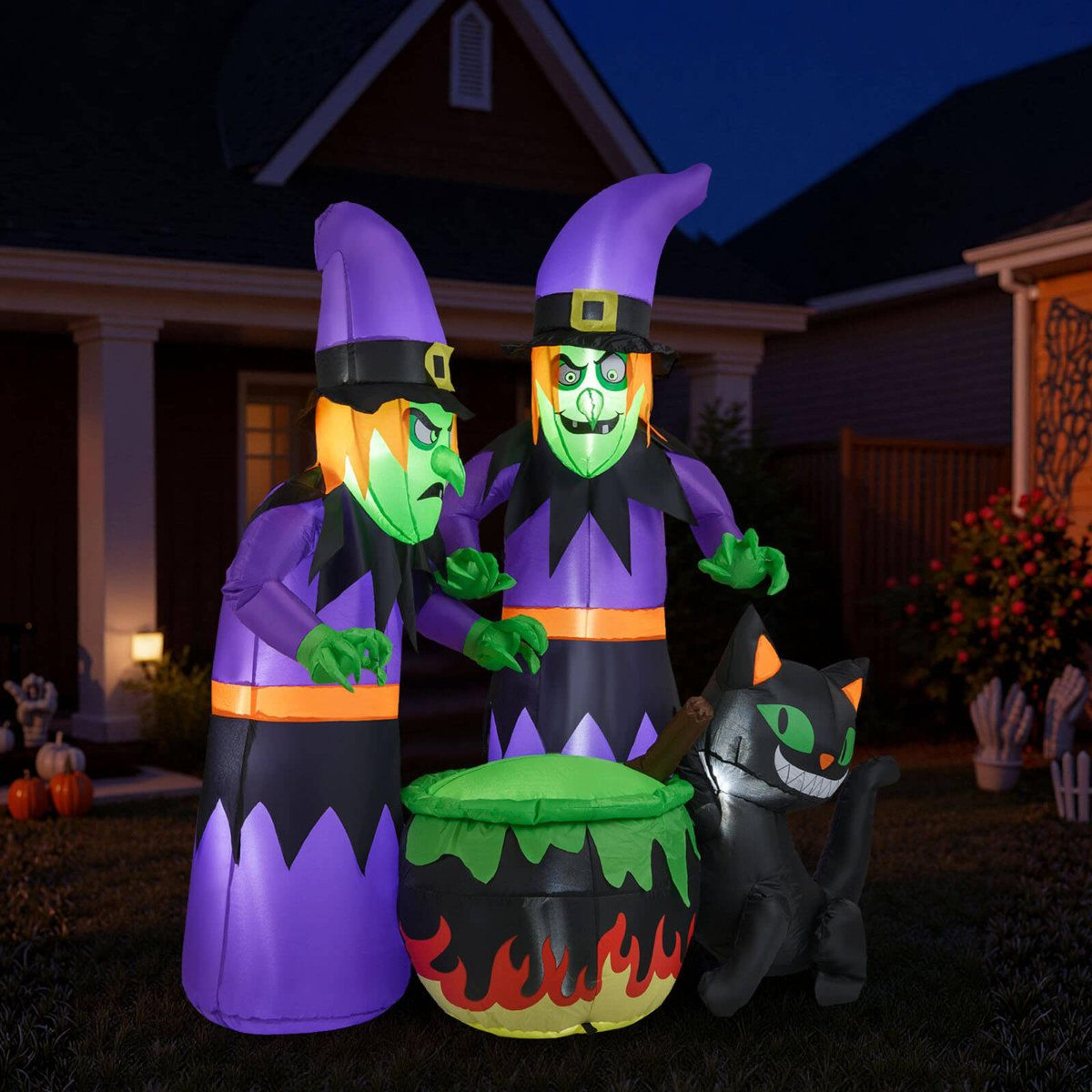Inflatable Halloween Witches With Cauldron Black Cat And LED Lights 5
