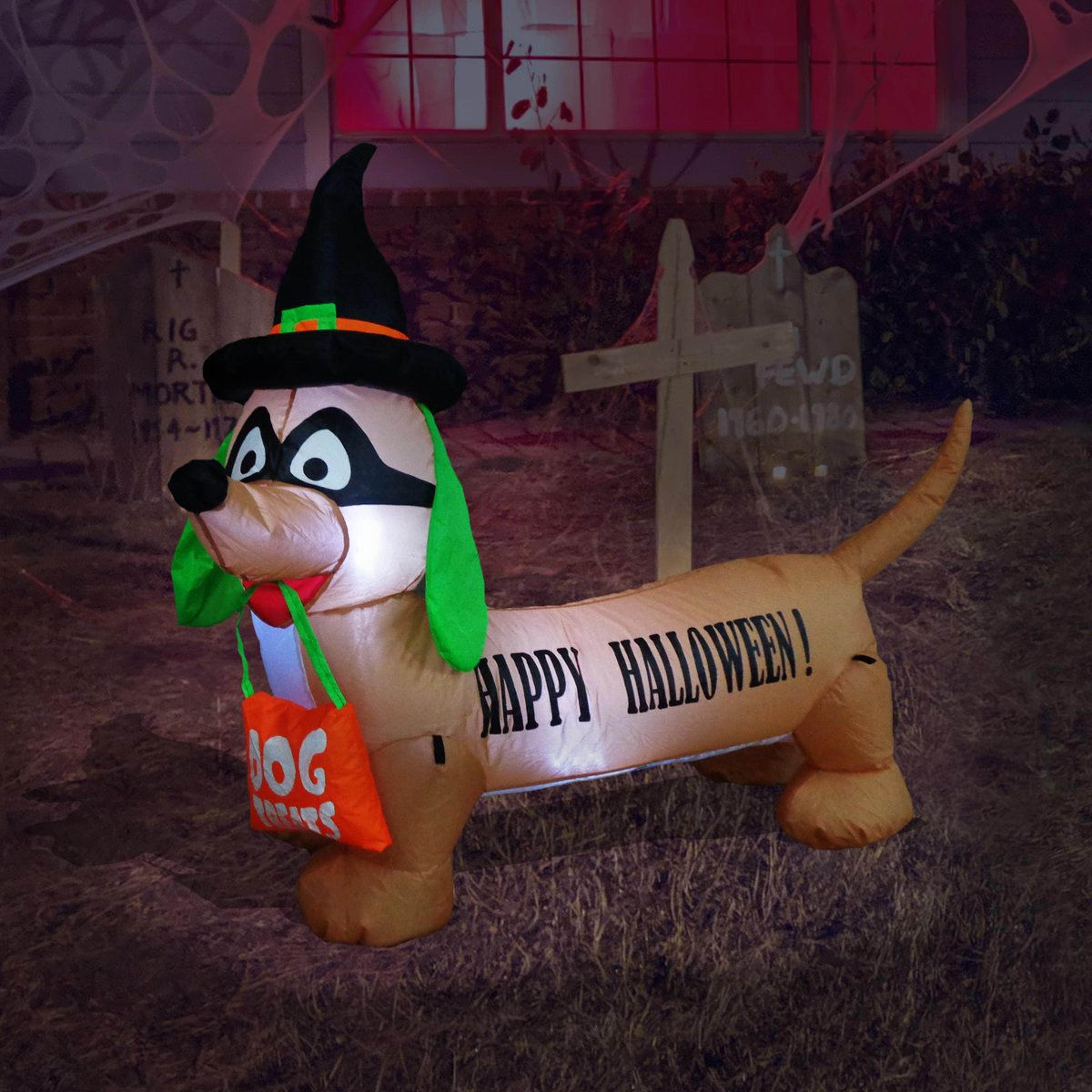 lighted halloween inflatable dog with witch hat for indoor and outdoor decor