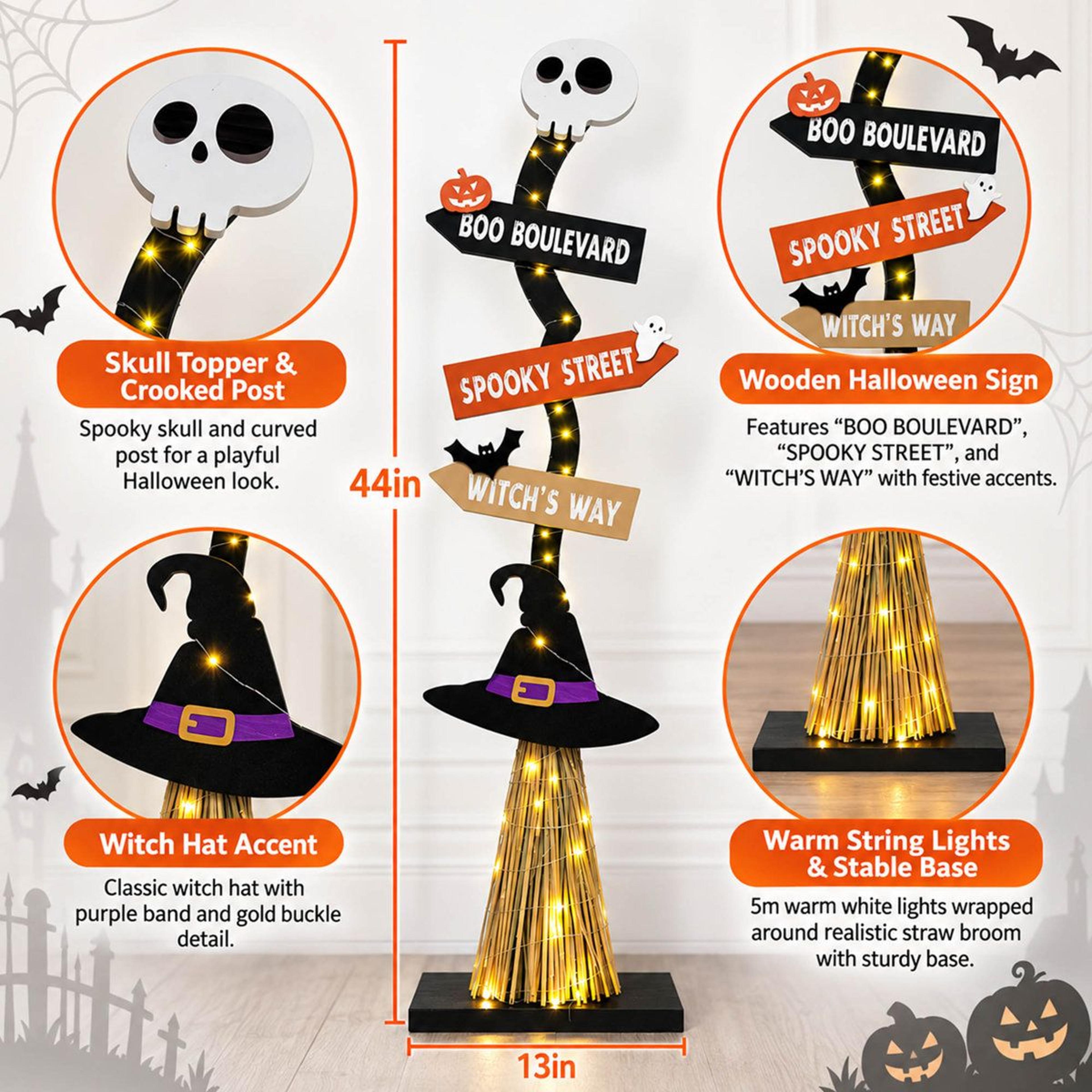 Light Up Wooden Witch Broom Halloween Decoration With Warm White LED Lights 1