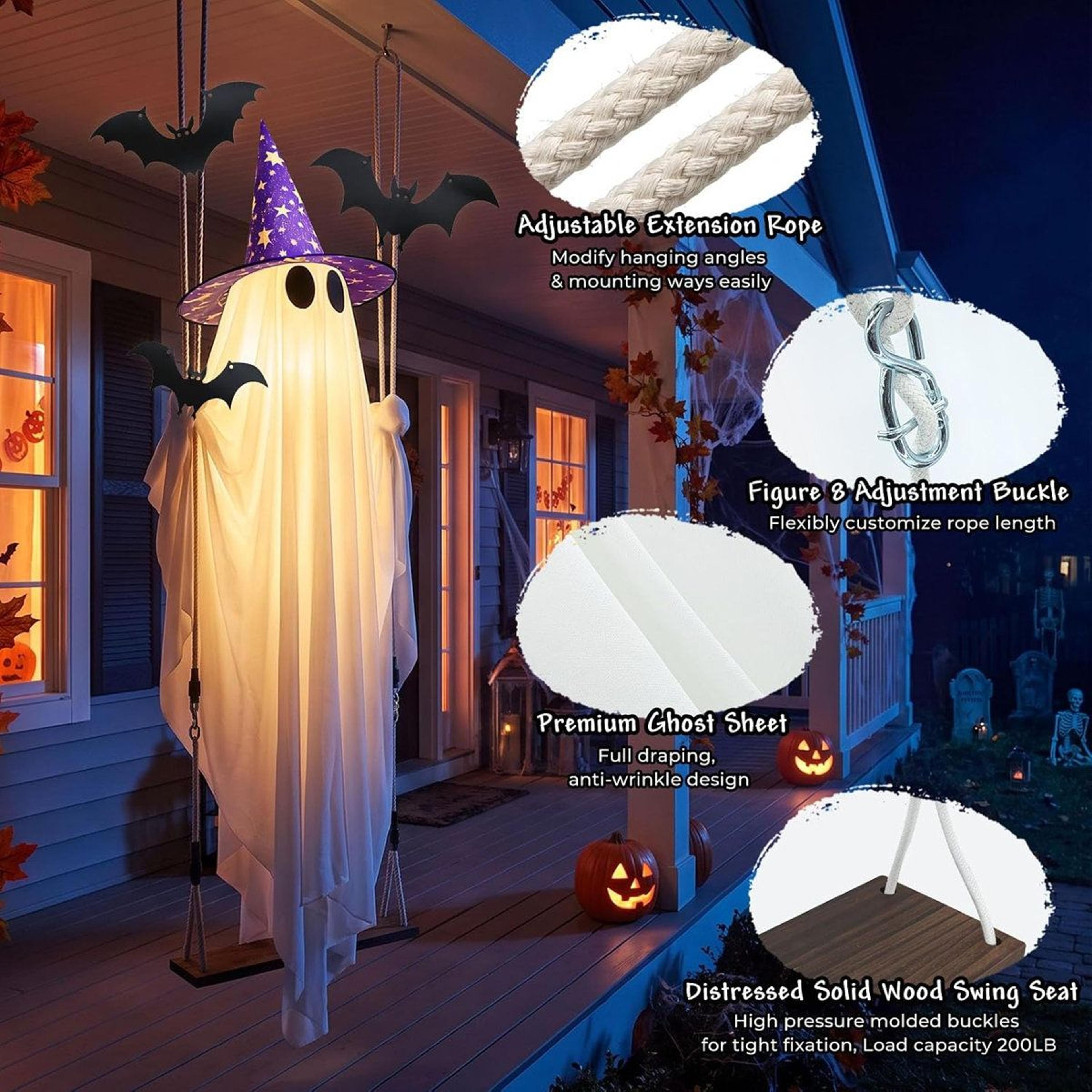 Hanging Ghost Halloween Decoration With LED Lights And Witch Hat 3