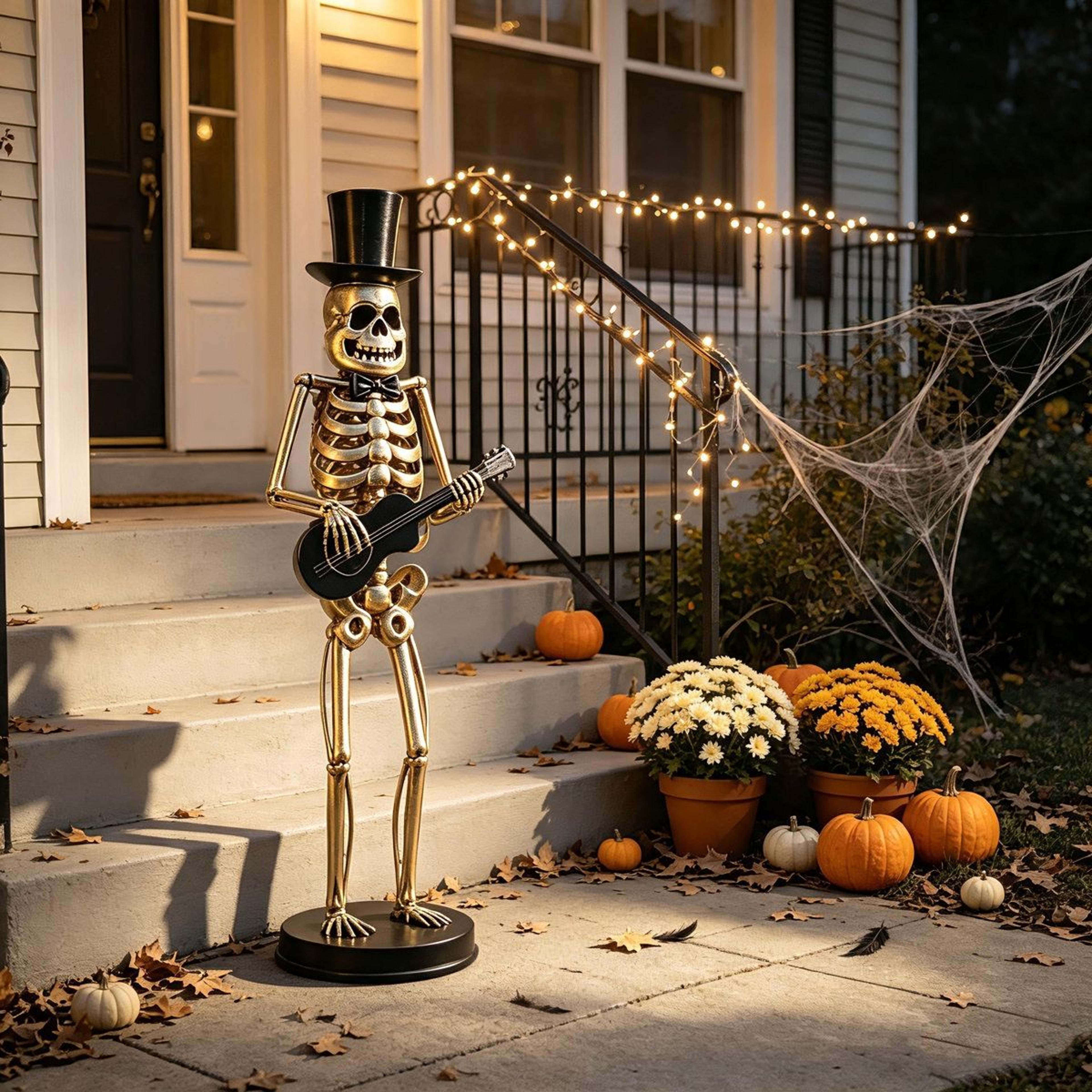 Metal Skeleton Musician Statue Halloween Guitar Player Decoration 4