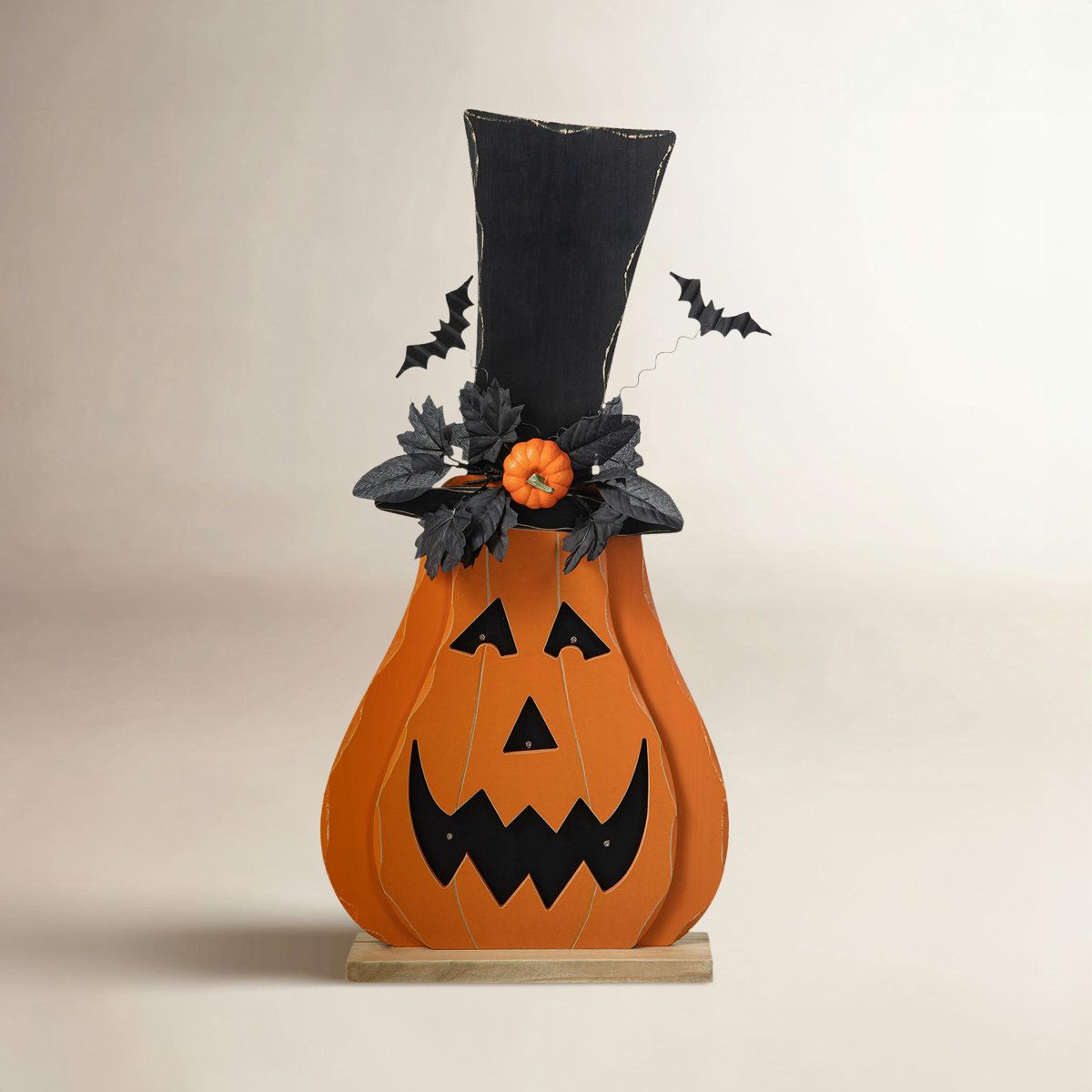 lighted wooden jack o lantern halloween decoration with led lights and timer