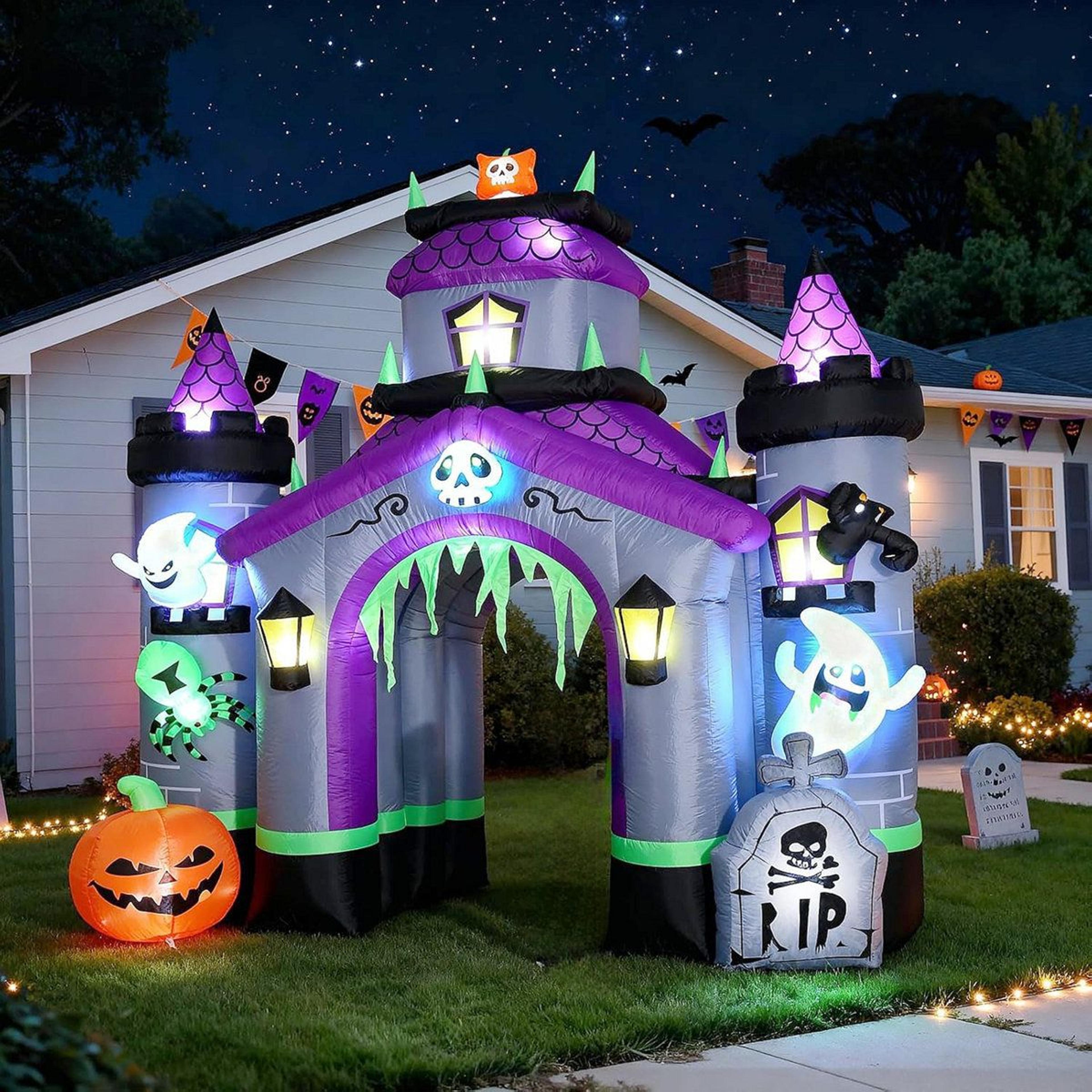 halloween inflatable haunted castle archway with led lights and ghosts