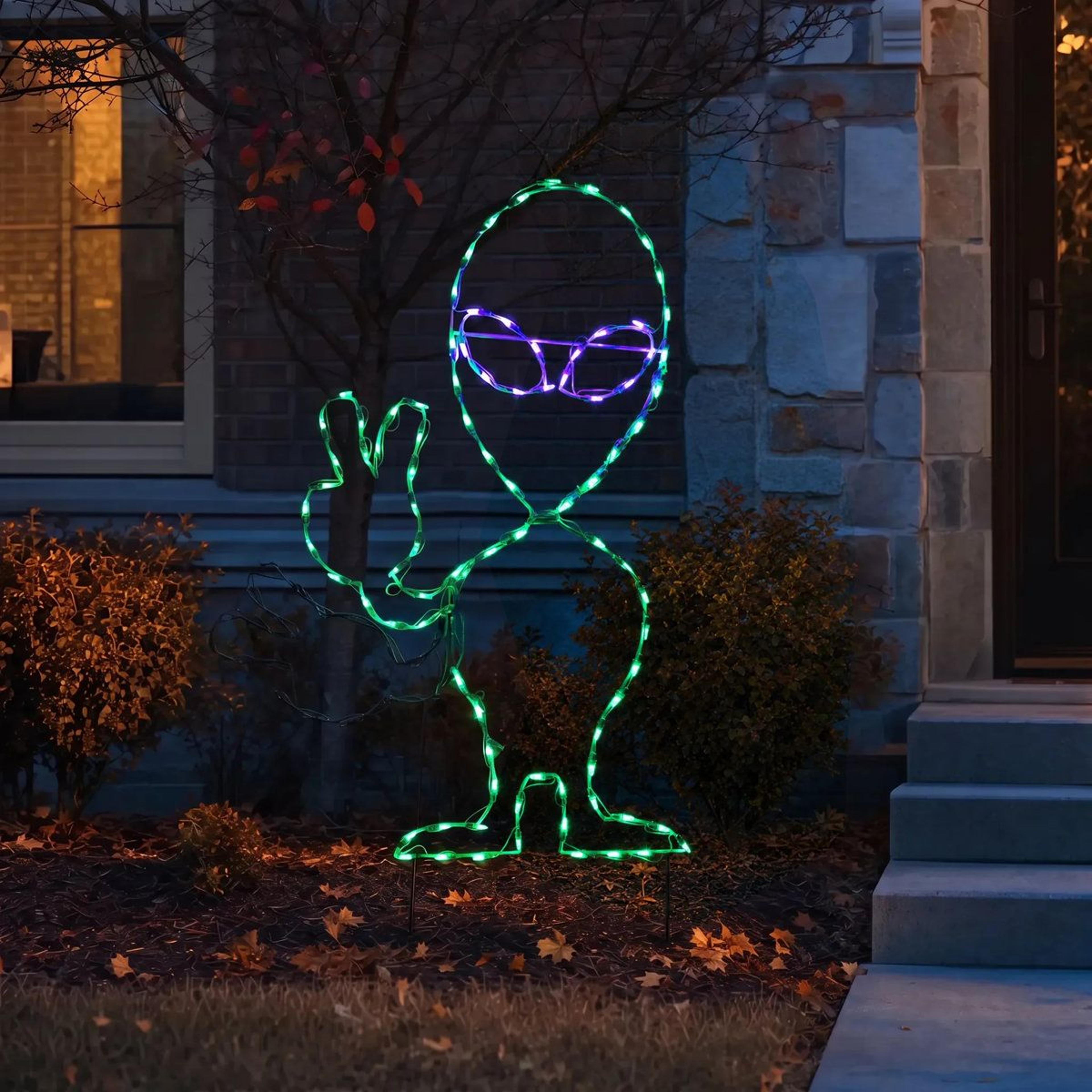 halloween outdoor led lights in green and purple with plug in power