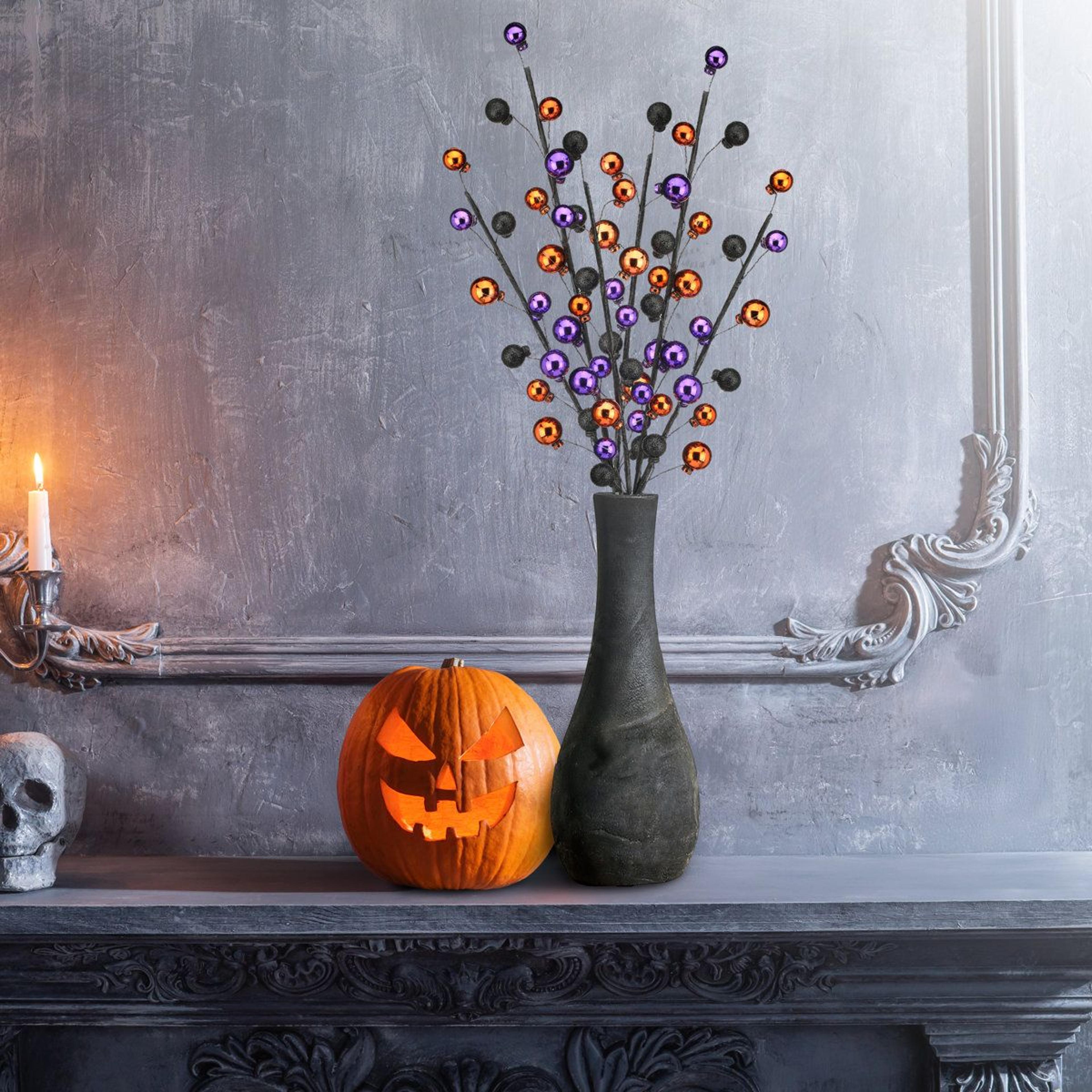 shatterproof halloween ball spray decoration in orange black and purple