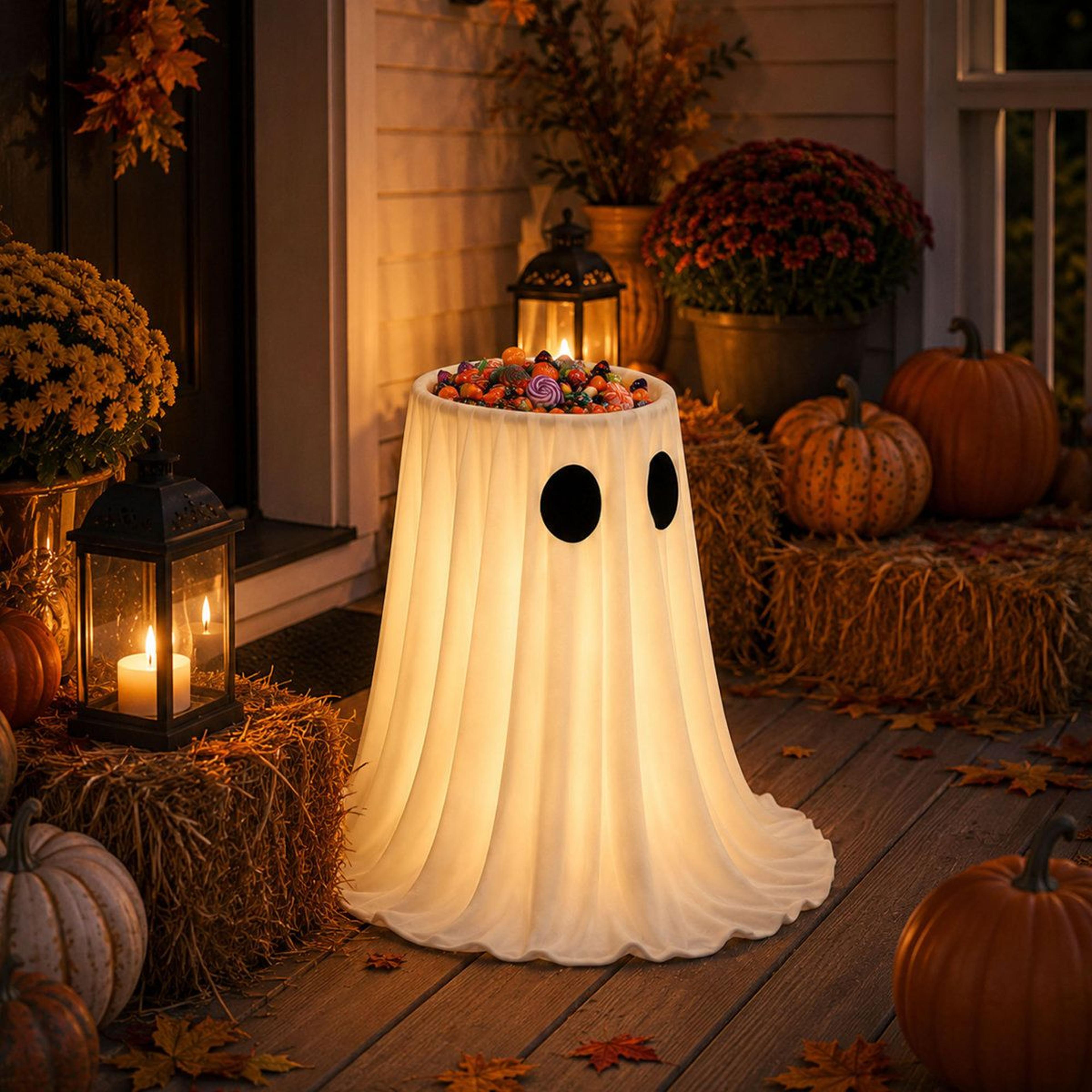 Light Up Halloween Ghost Candy Bowl With LED Lights And Remote Timer 2