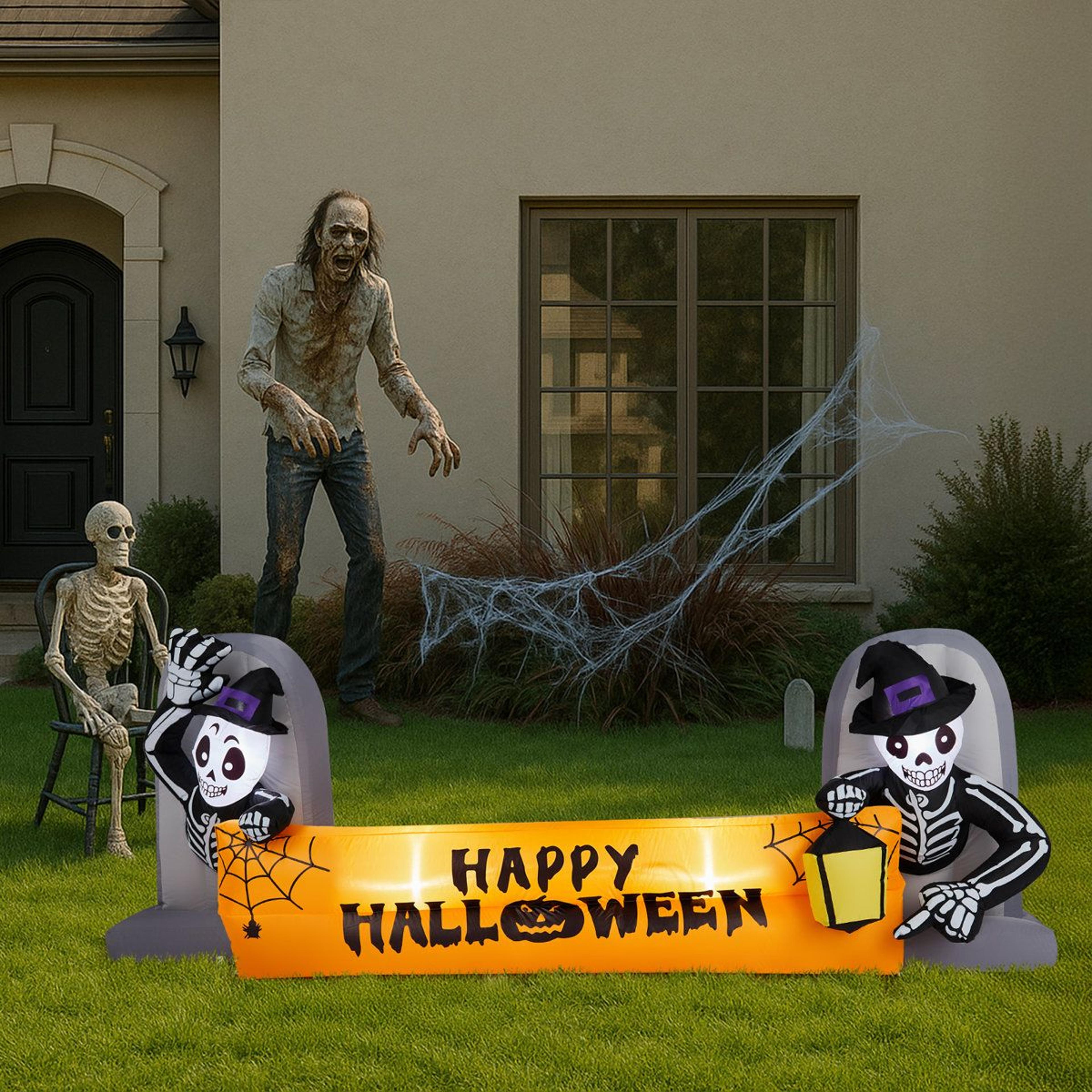 halloween inflatable skeleton tombstone decoration with warm white led lights