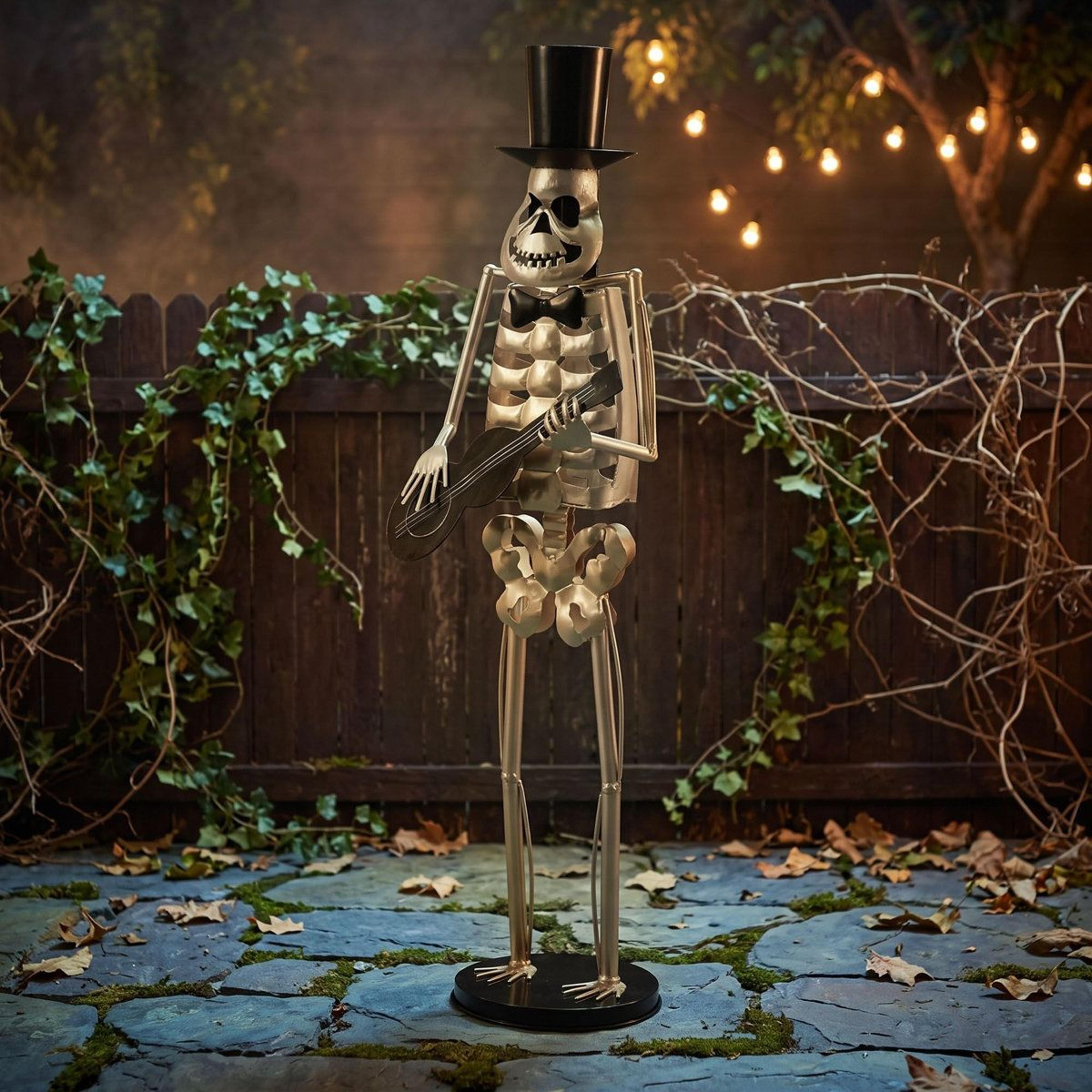 metal guitar player skeleton statue tall iron halloween figurine