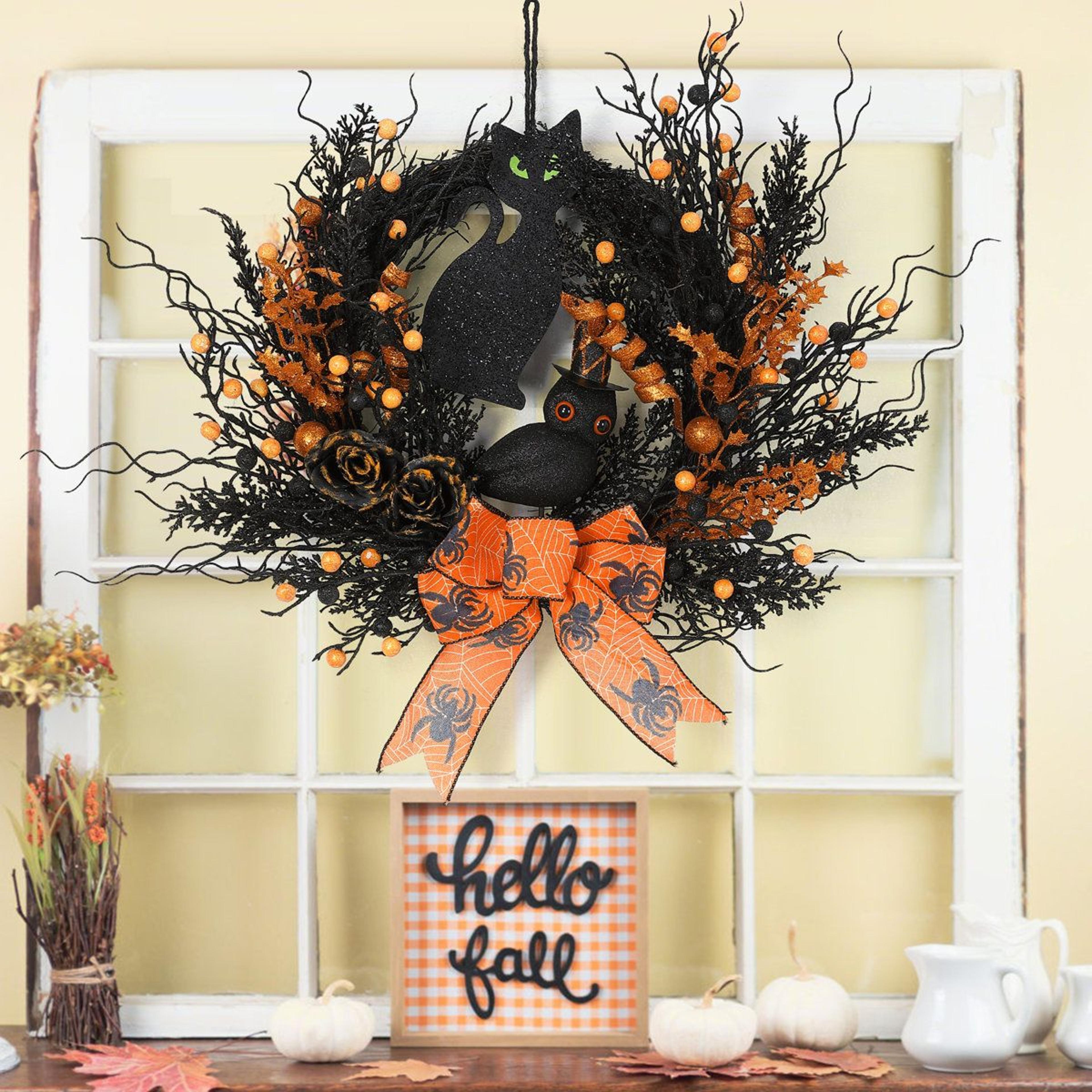 Artificial Wreath With Orange And Black Colors And Bendable Stems 2