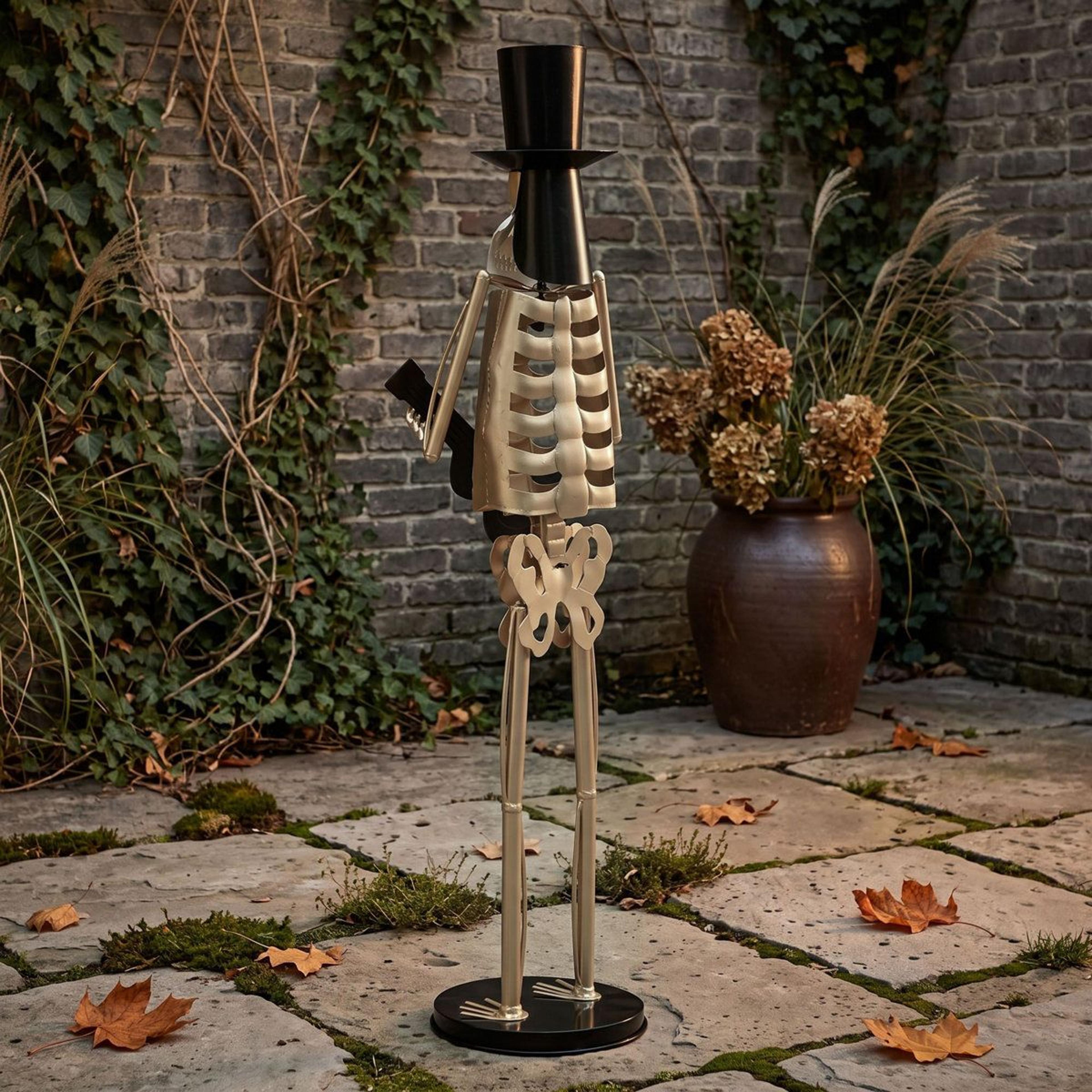 Standing Metal Guitarist Skeleton Statue With Top Hat For Halloween Decor 2