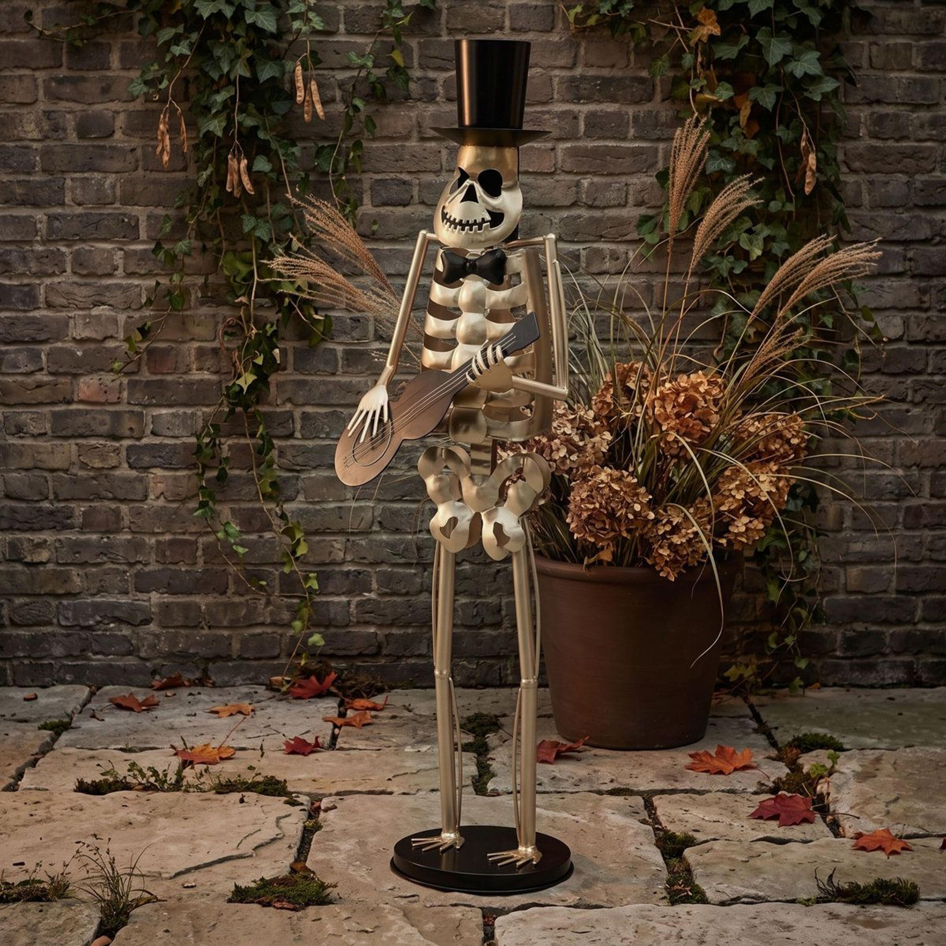 Standing Metal Guitarist Skeleton Statue With Top Hat For Halloween Decor 4