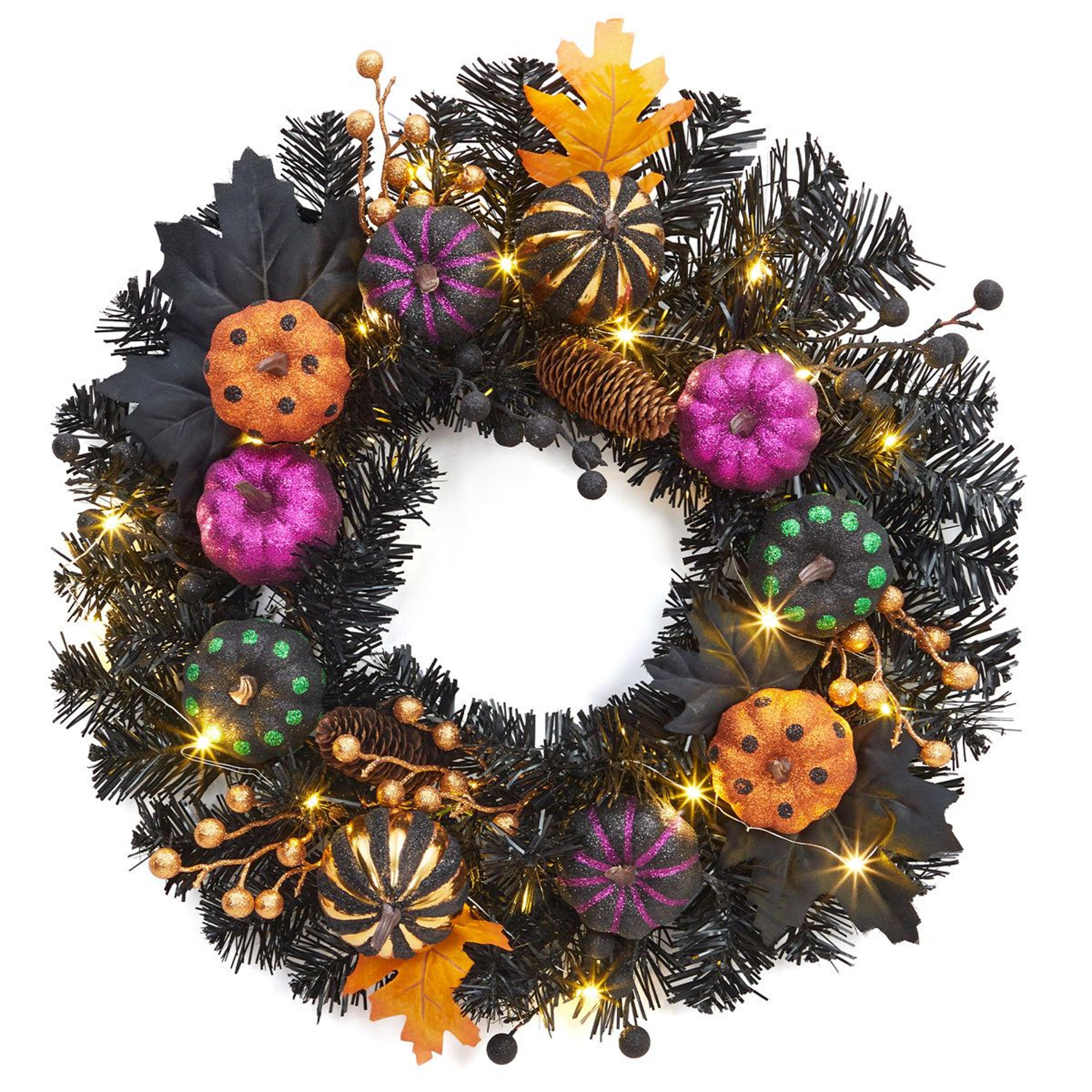 prelit halloween wreath with led lights and pumpkin decorations