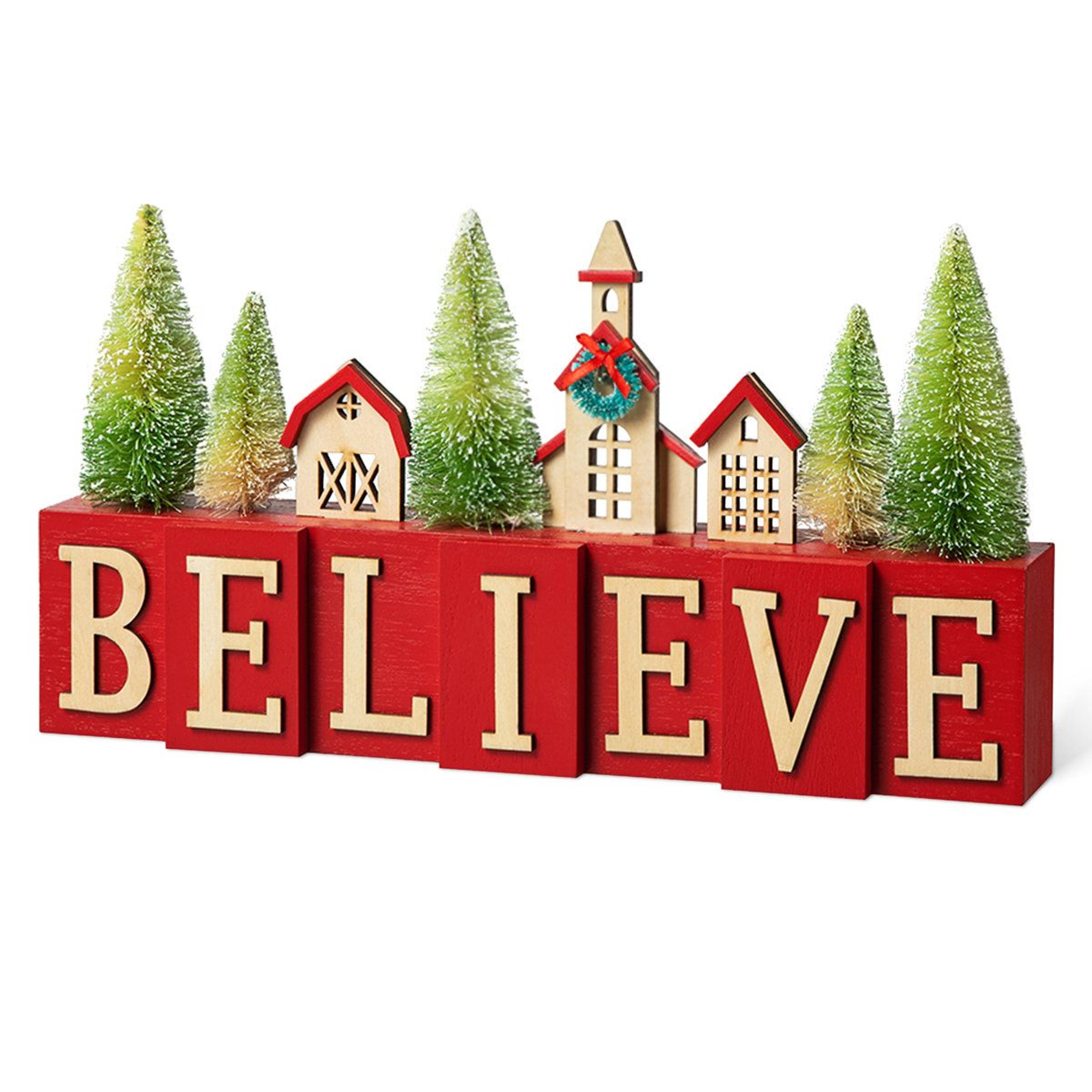 Christmas Wooden House And Bottle Brush Trees Table Decor Hand Painted Accent 2