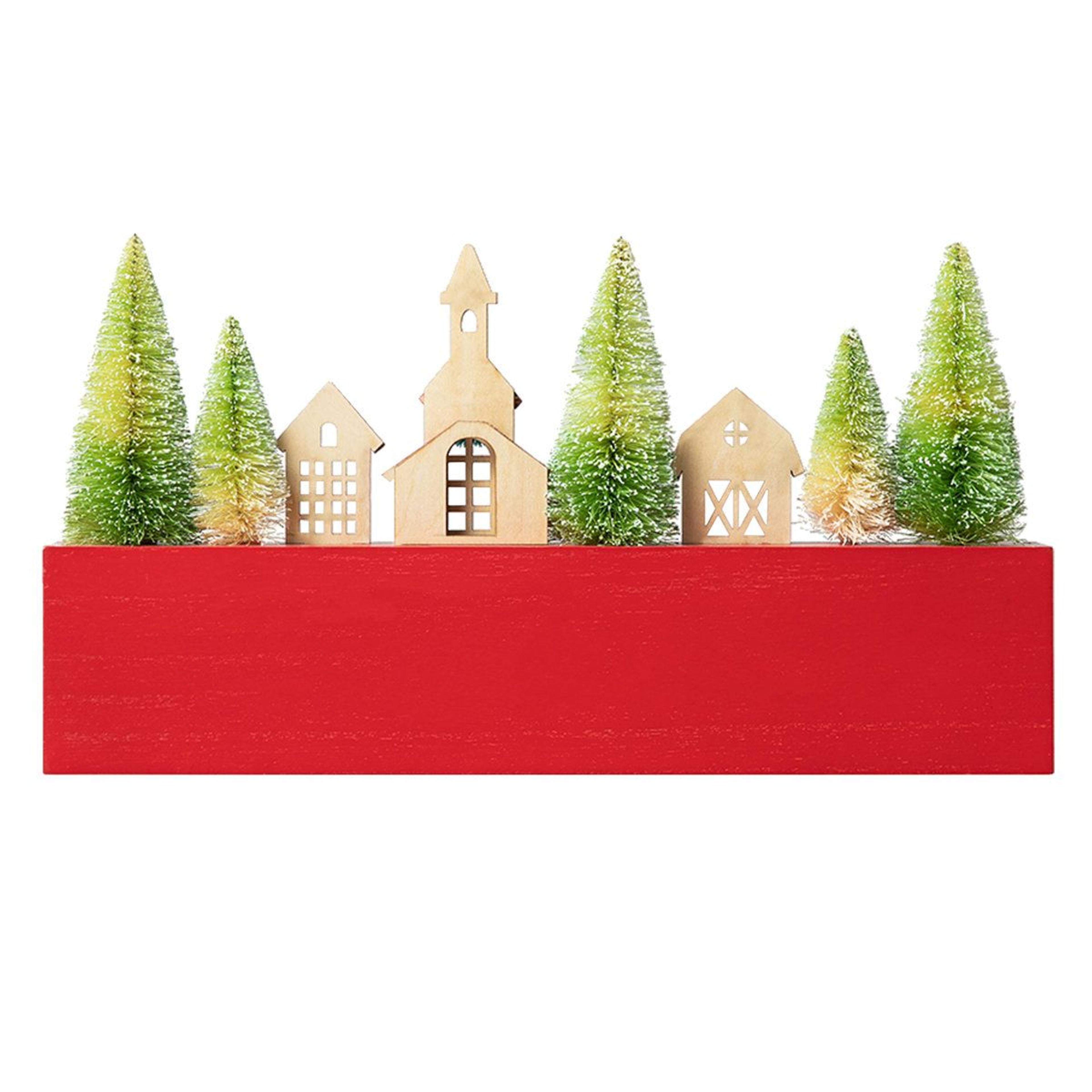 Christmas Wooden House And Bottle Brush Trees Table Decor Hand Painted Accent 1