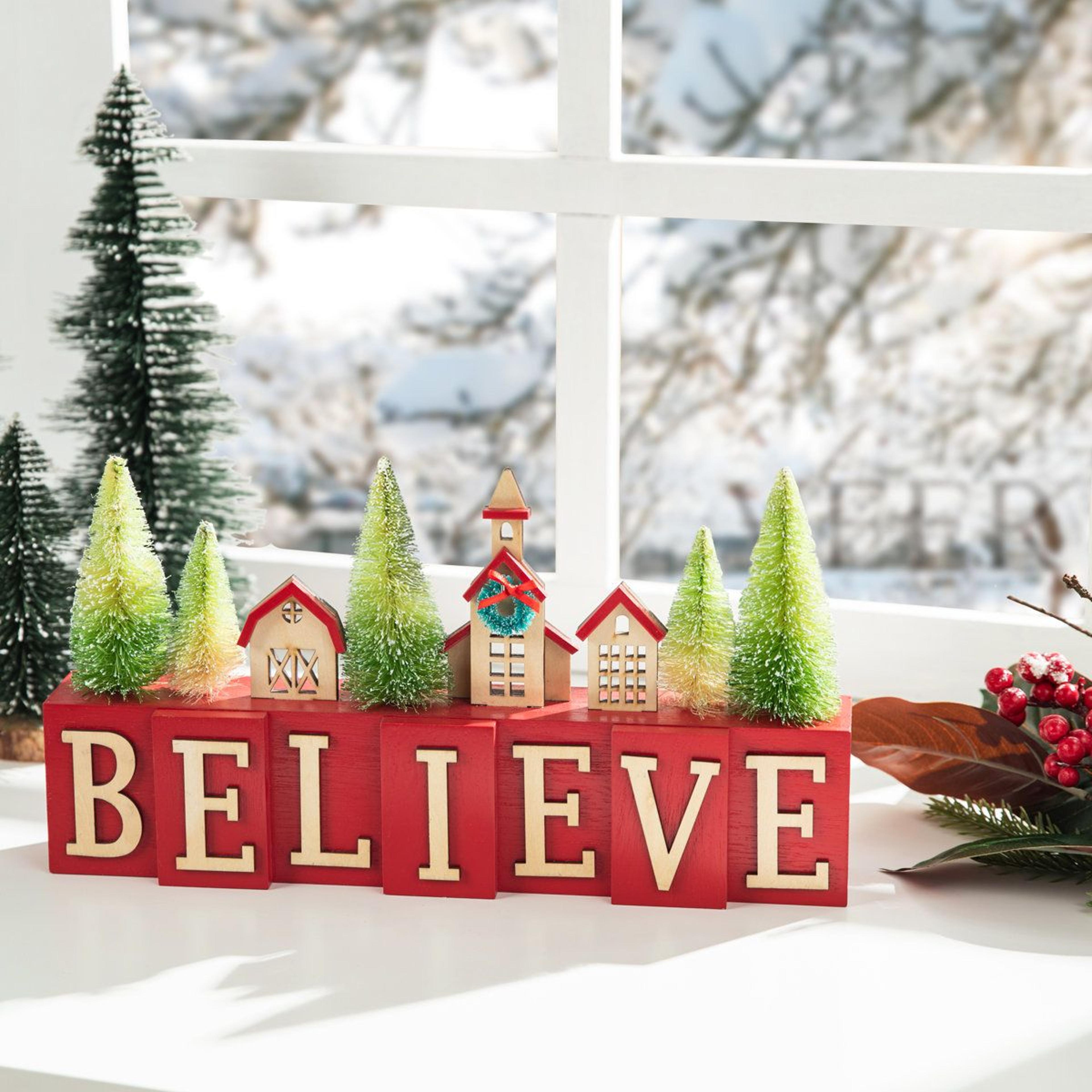 Christmas Wooden House And Bottle Brush Trees Table Decor Hand Painted Accent 6