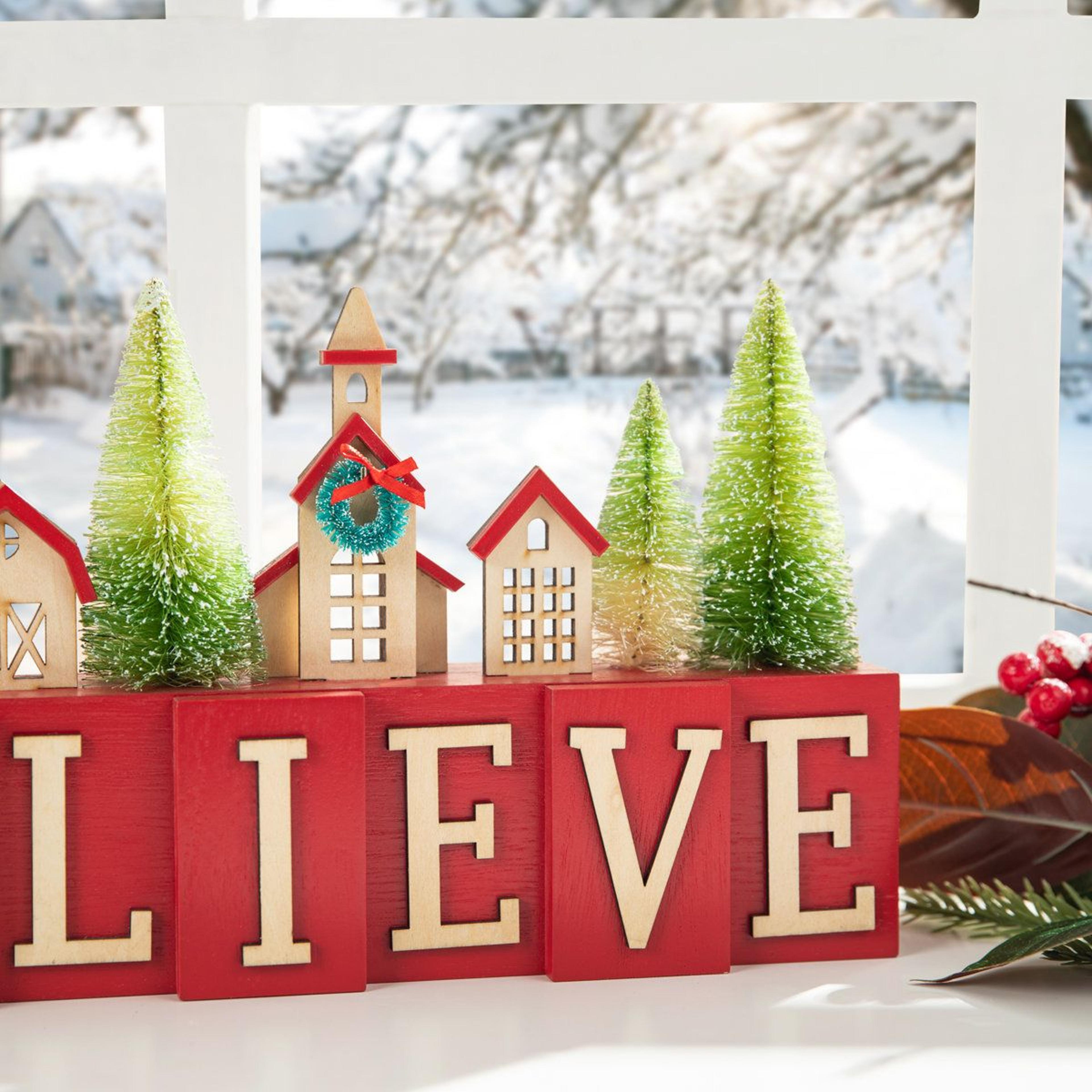 Christmas Wooden House And Bottle Brush Trees Table Decor Hand Painted Accent 3