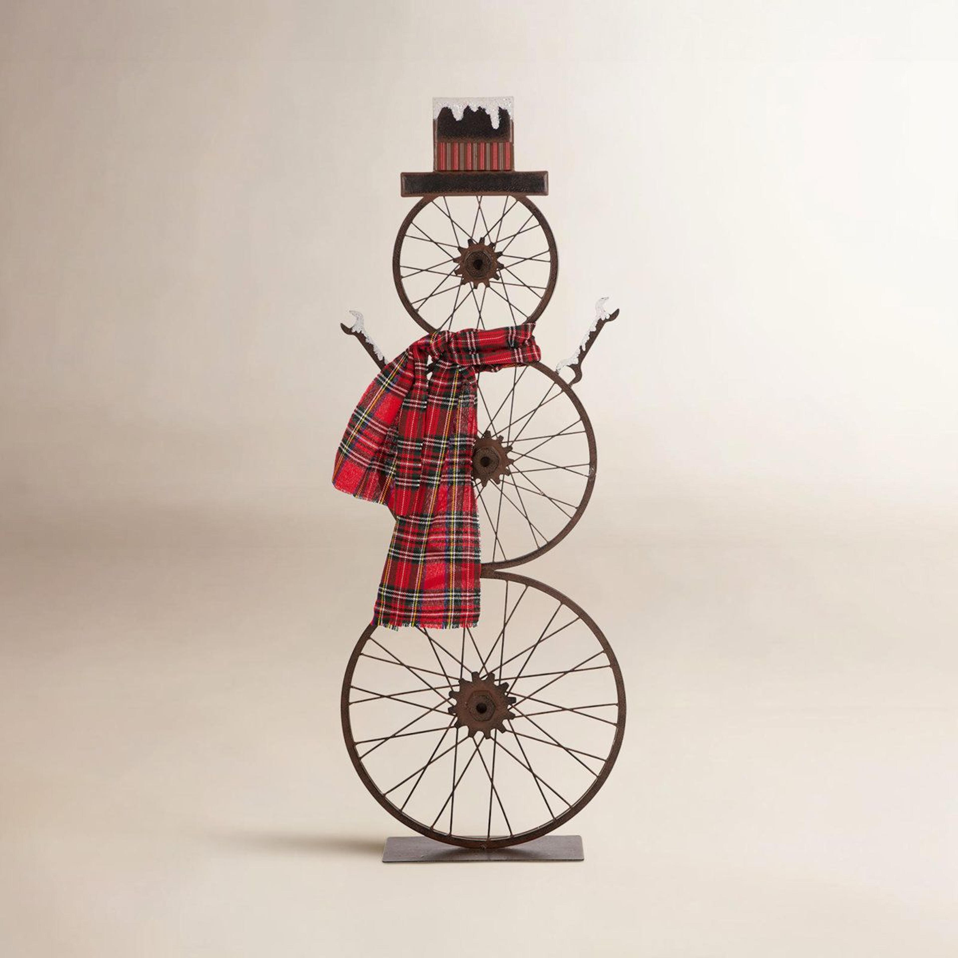 metal bike wheel snowman porch decor with plaid scarf christmas decoration