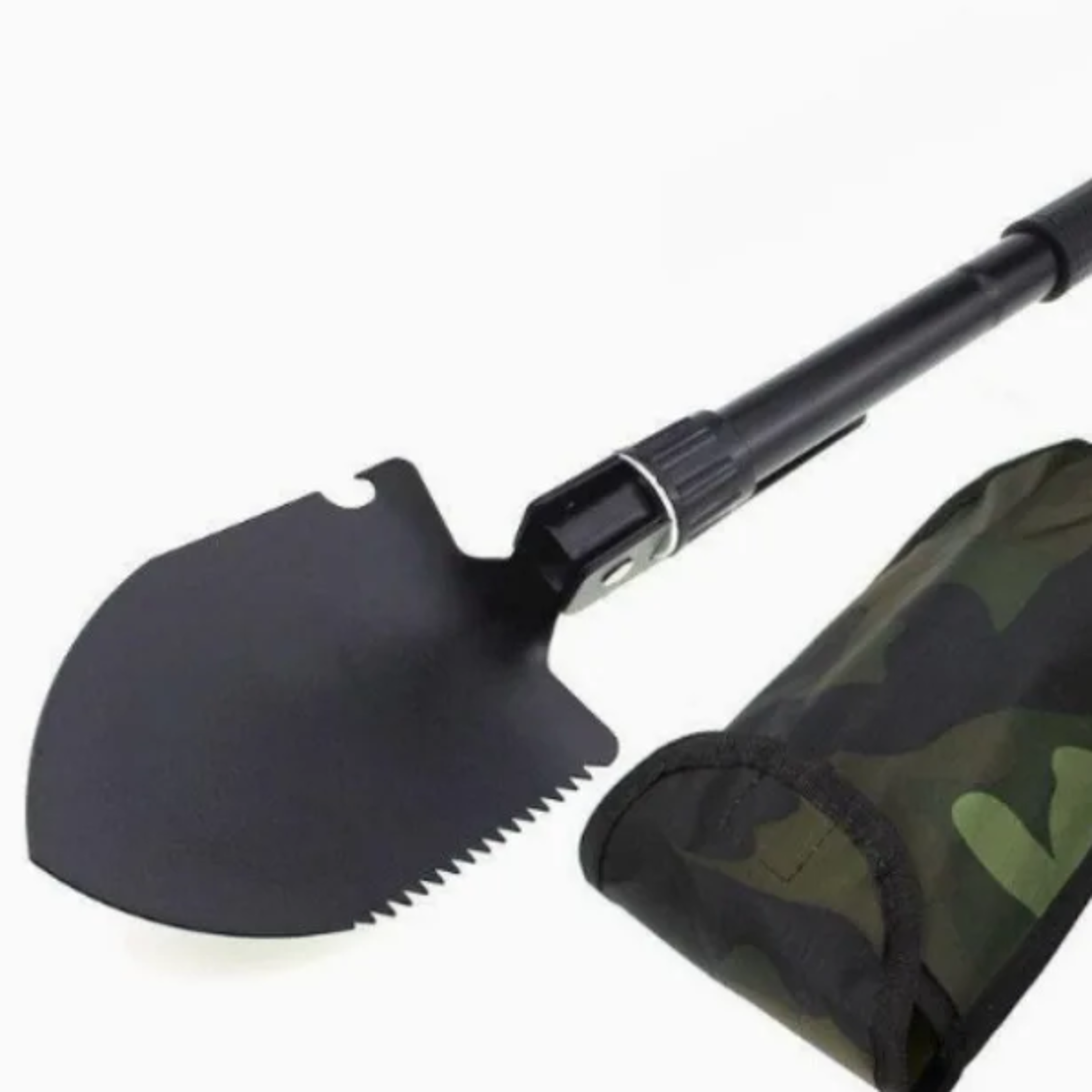 compact folding camping shovel multi tool with pick for hiking, fishing & emergency survival