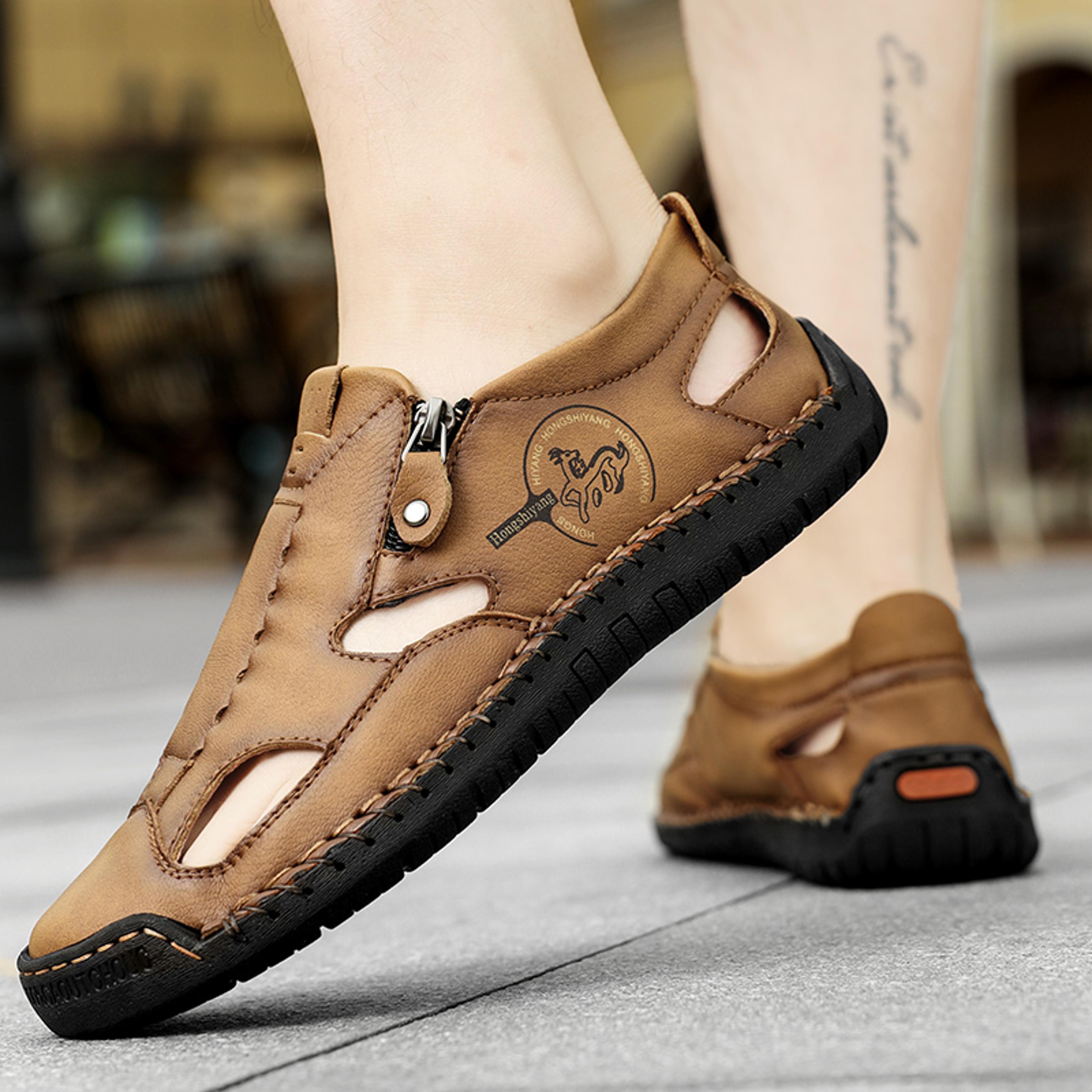 Breathable Mens Leather Sandals Roman Style Casual Outdoor Beach Pool Sandals 4