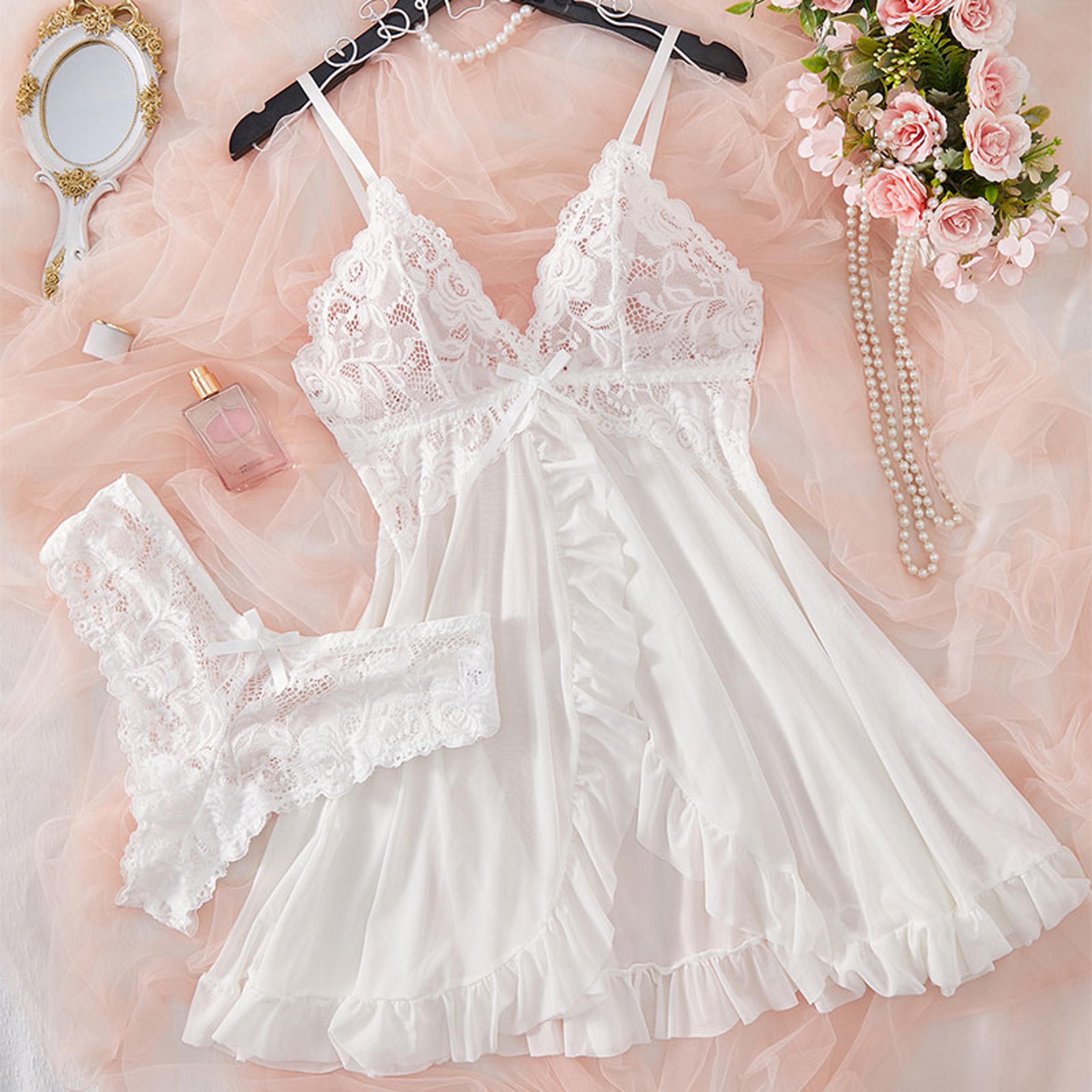 Lace Nightgown Set Sheer V Neck Sleepwear Bra Panty Lingerie Set 1