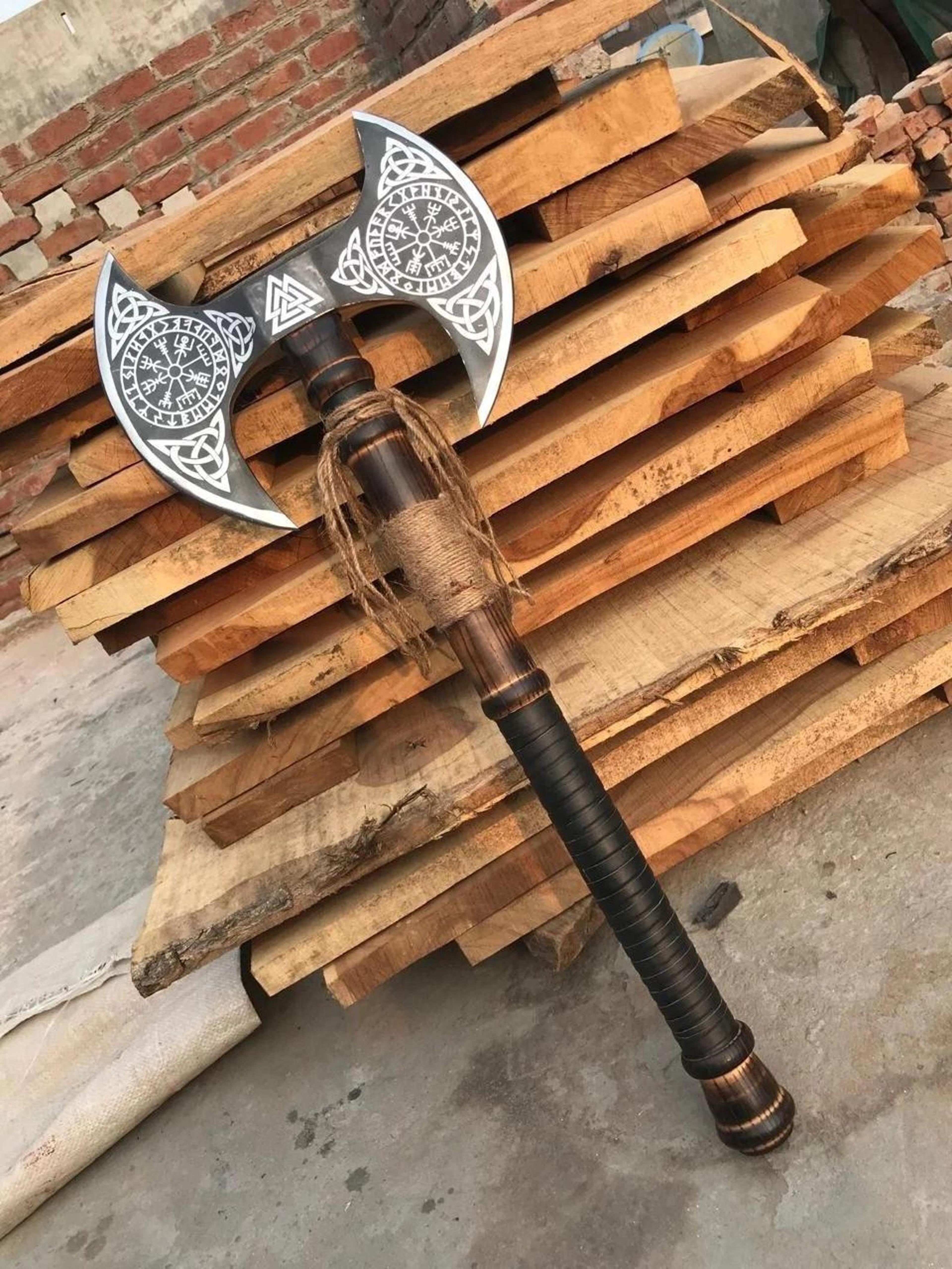 Handmade Carbon Steel Double Headed Viking Axe With Leather Sheath Gift For Boyfriend 2