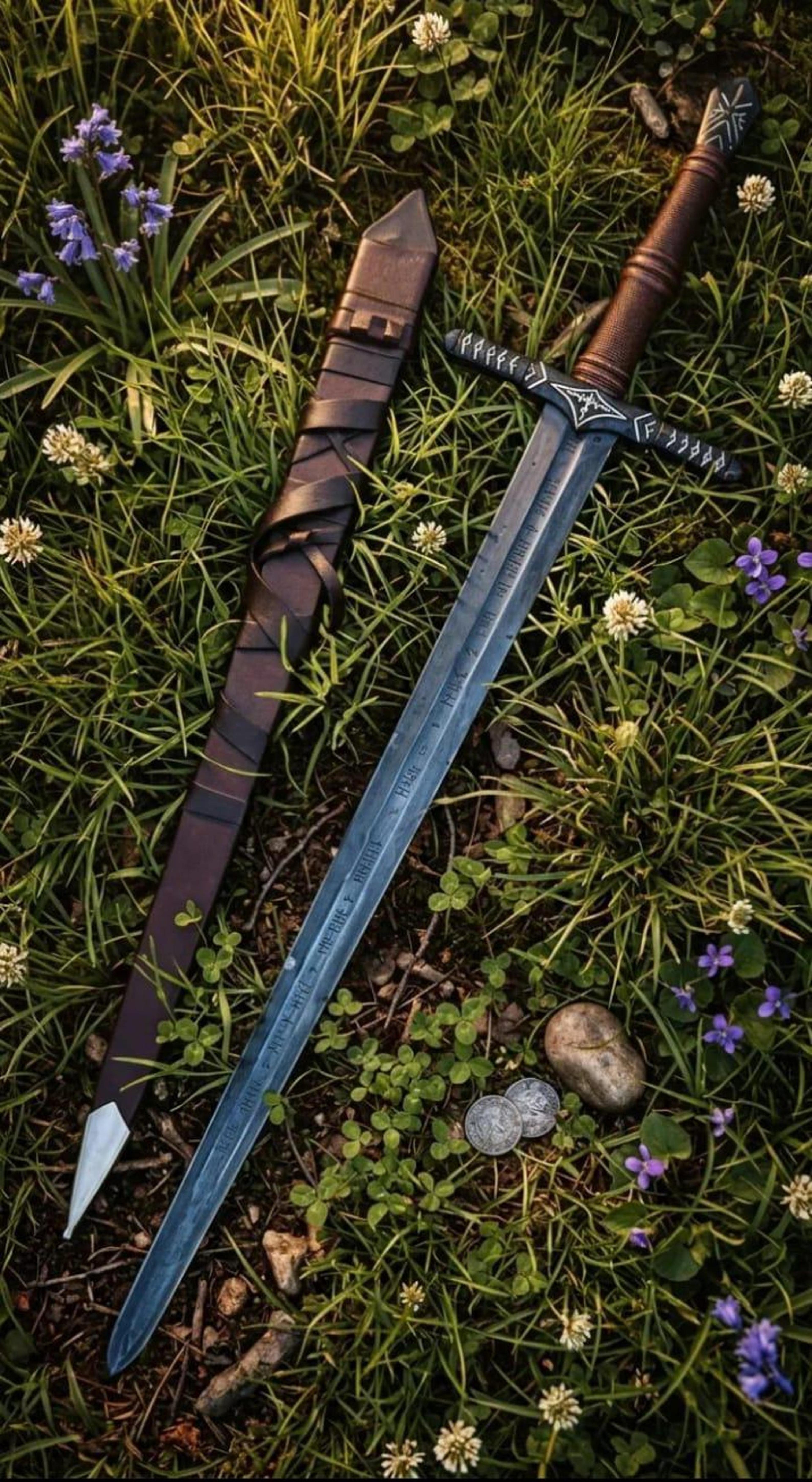 40in norse runic longsword with dark steel blade, rune guard & brown leather-wrapped grip