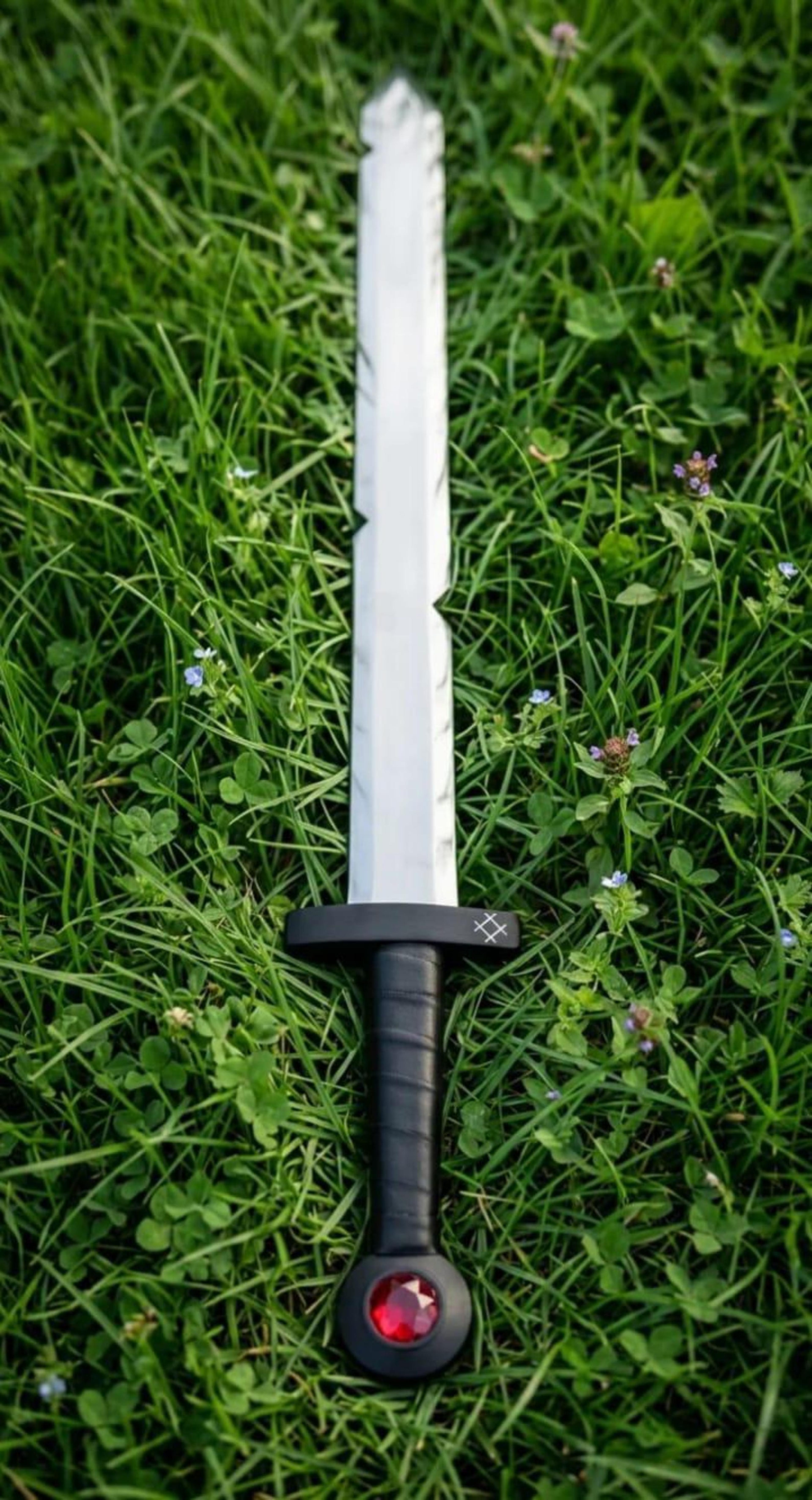 36in red gem fantasy sword with polished steel blade, black grip & jewel pommel | handmade collector display