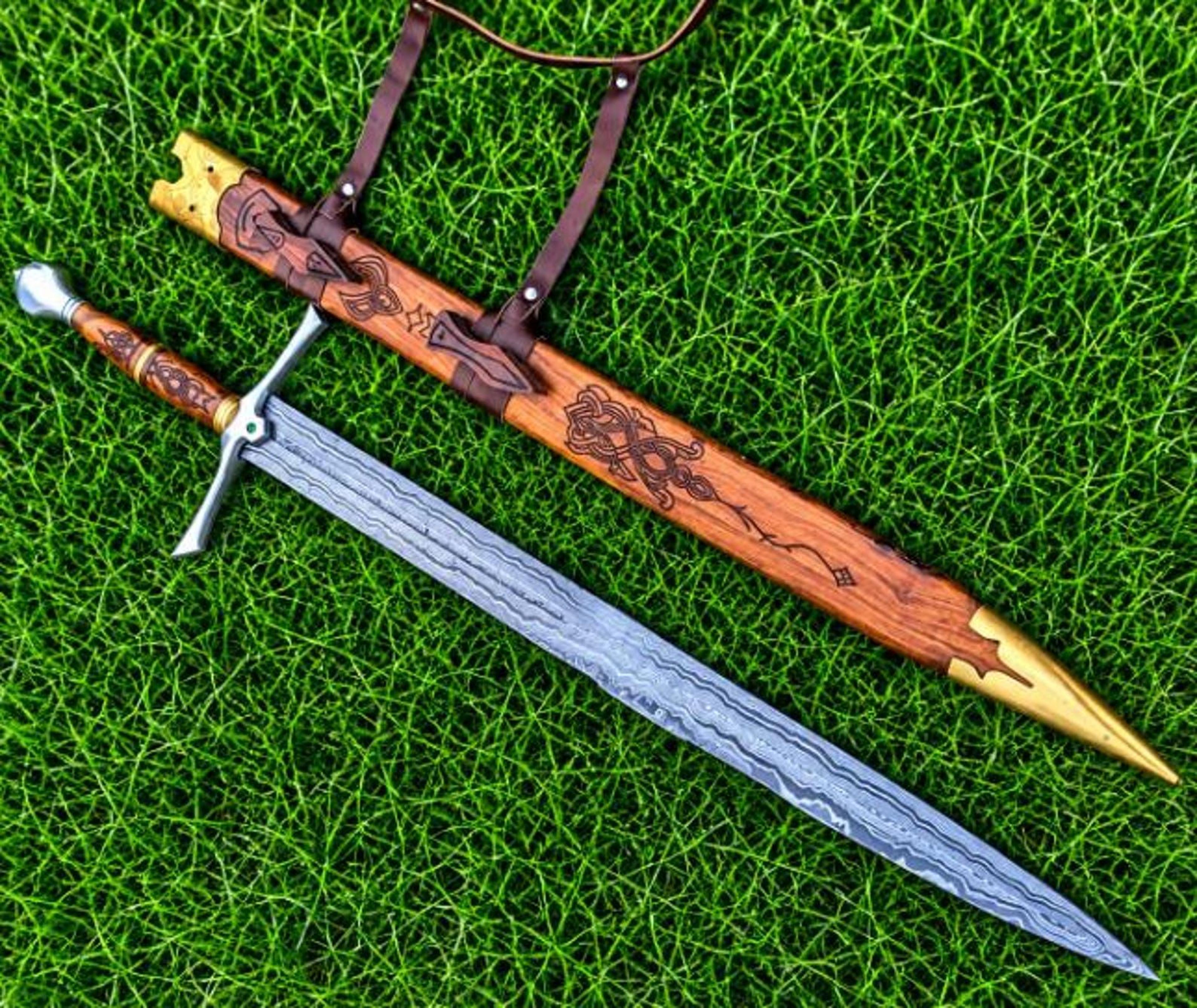 Hand Forged Damascus Steel Elven Longsword 39 Walnut Handle Emerald Accents Leather Sheath Pr 6